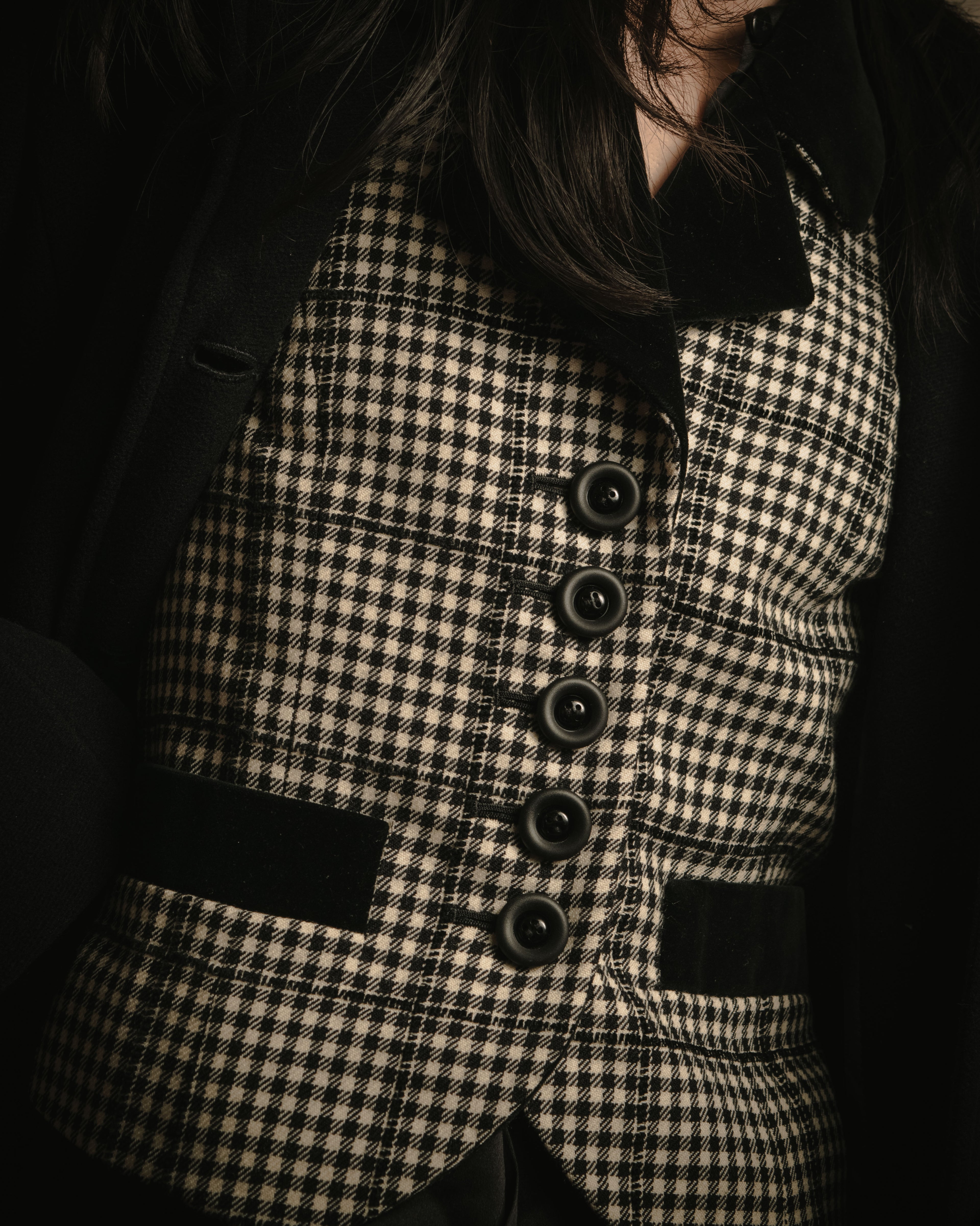 –SPECIALS– "Yves Saint Laurent" 90’s Mid gingham check velvet lapel tailored vest