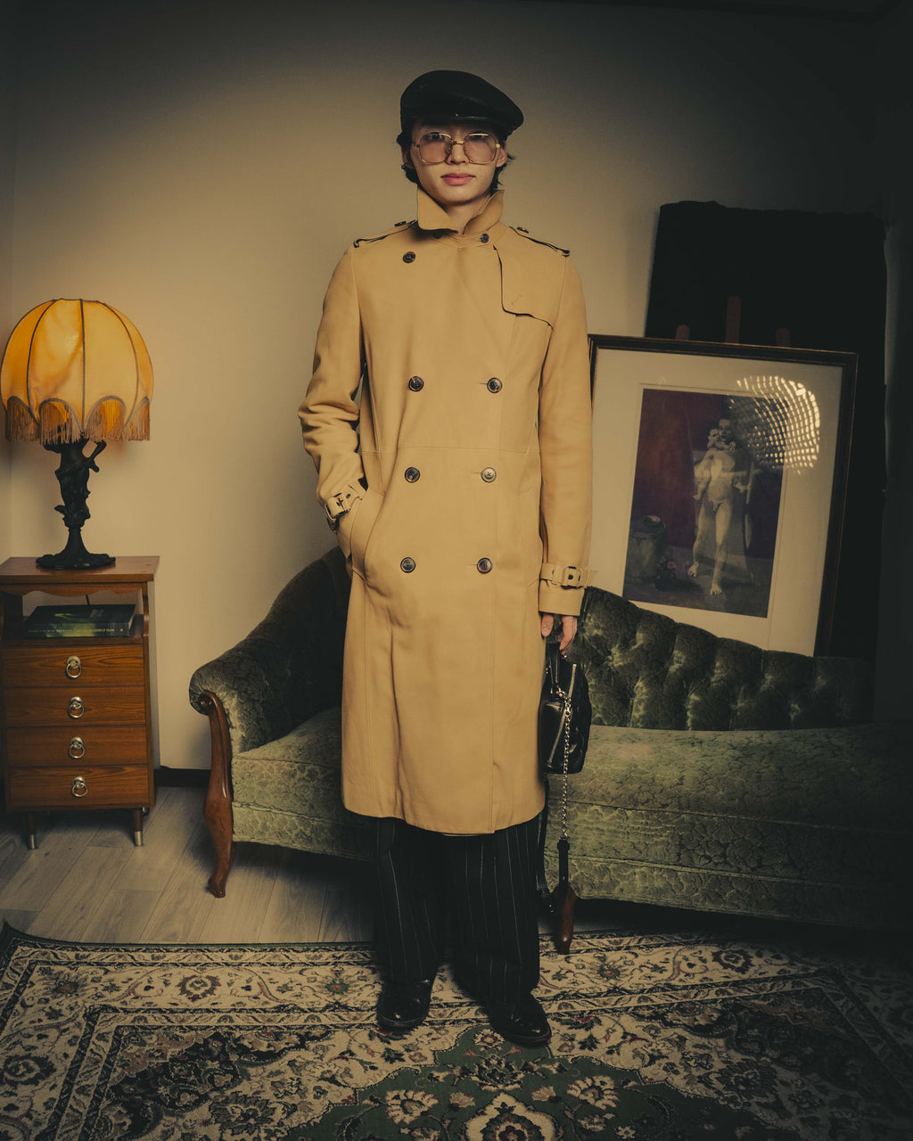 –SPECIAL– “Maison Martin Margiela” 2012AW Leather trench coat with Line 4 printed lining