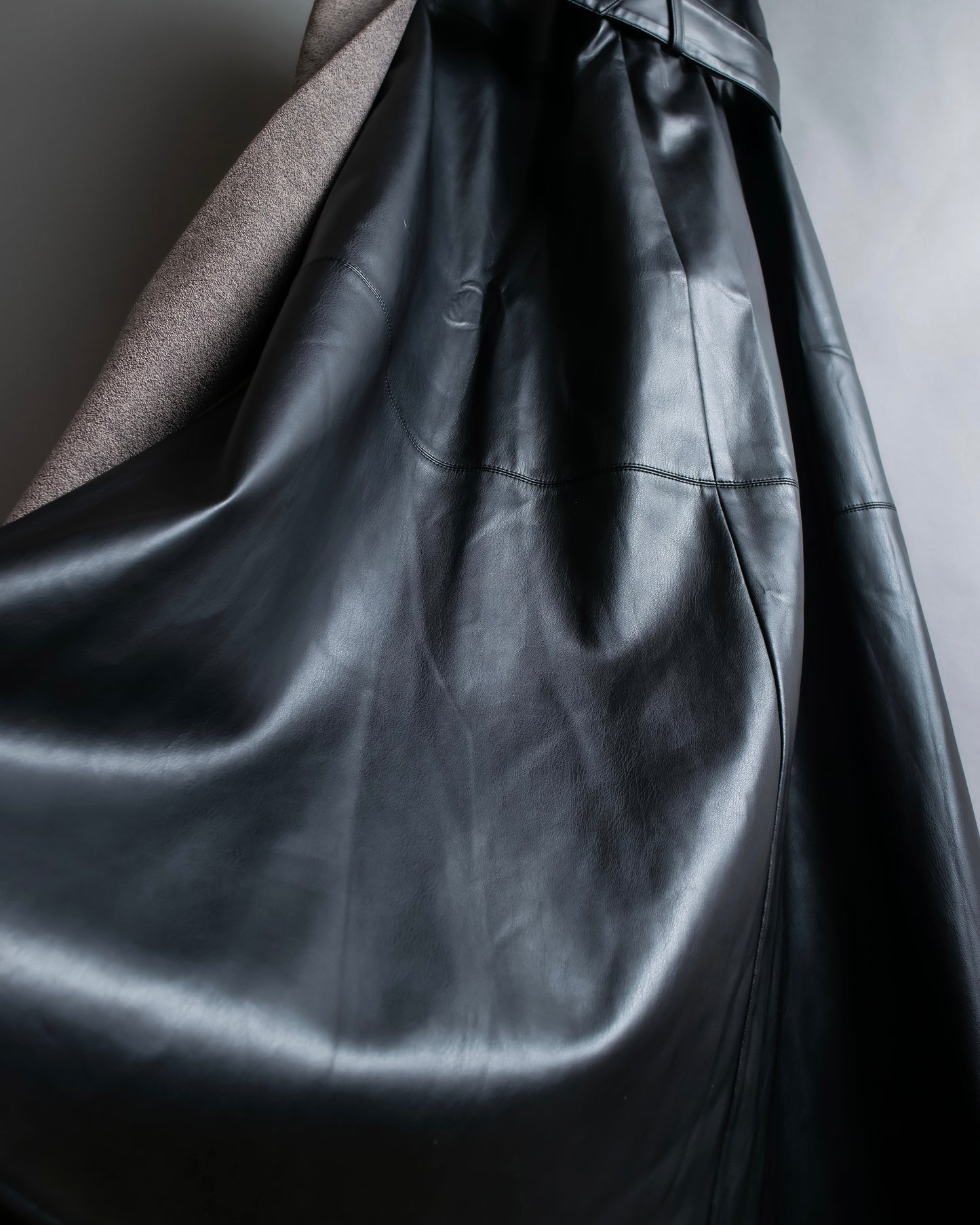 "ADORE" Synthetic leather docking belted maxi length flared skirt