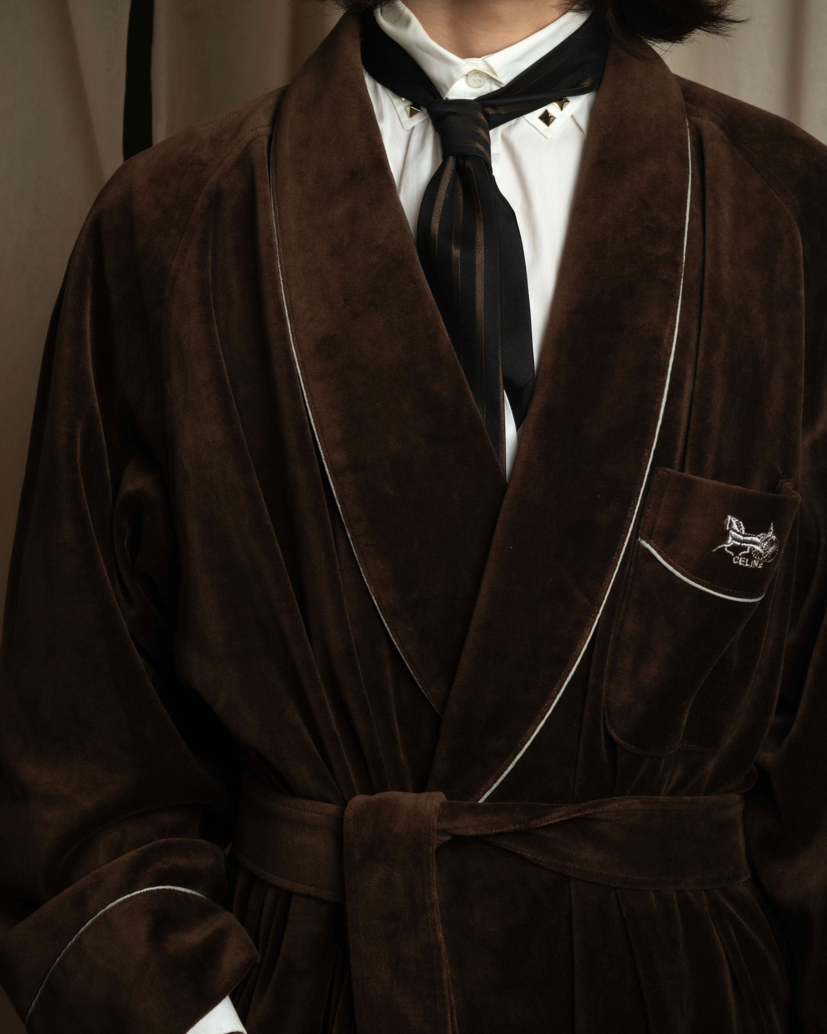 "CELINE" Piping design velour long gown coat