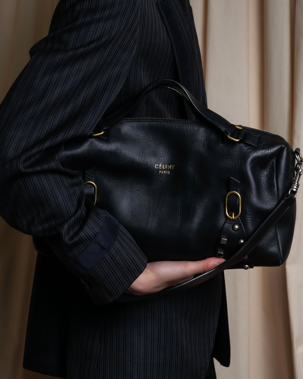 "CELINE" Various studs horizontal leather 2way bag