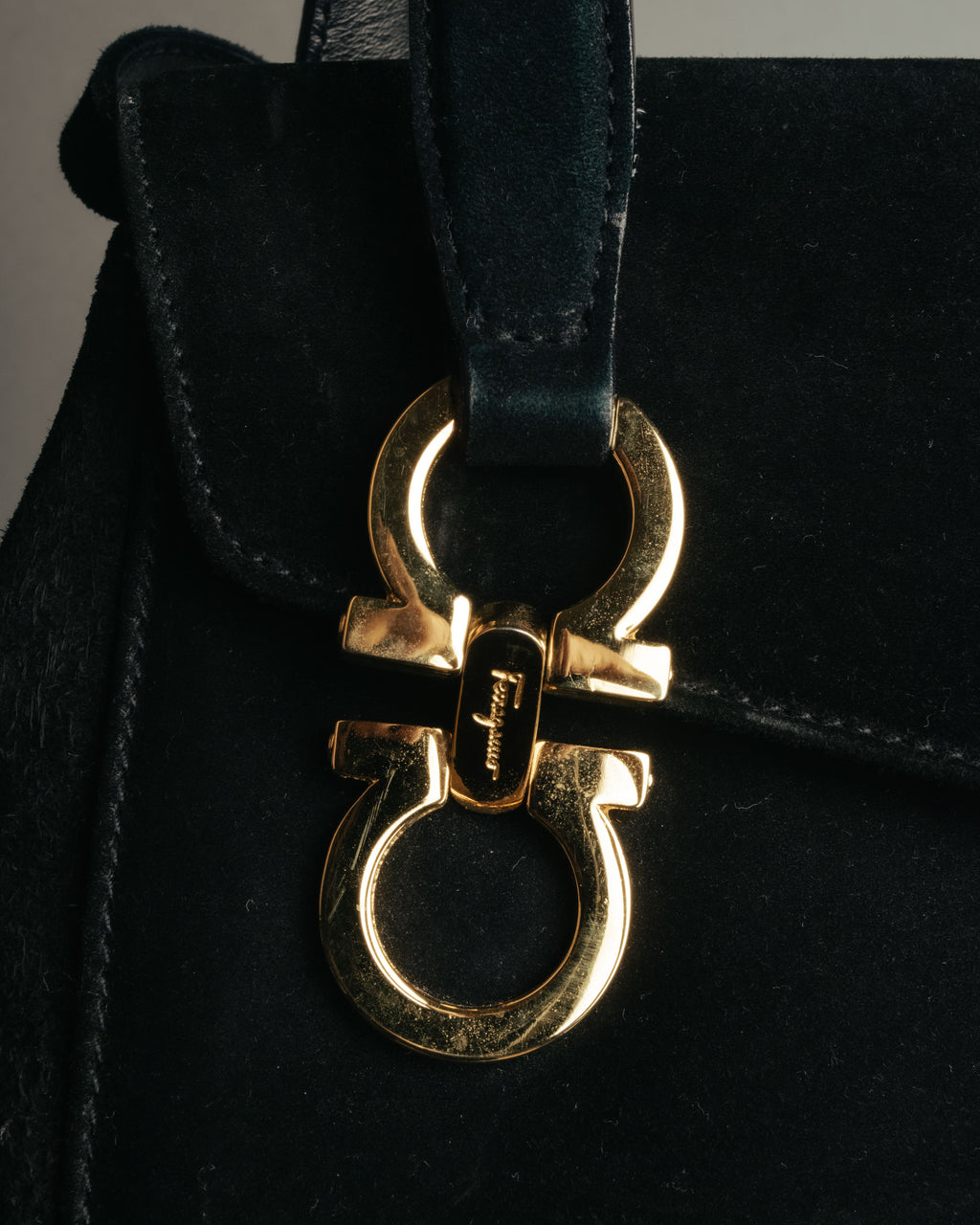 “Salvatore Ferragamo” 1995 Double gancini suede leather handbag