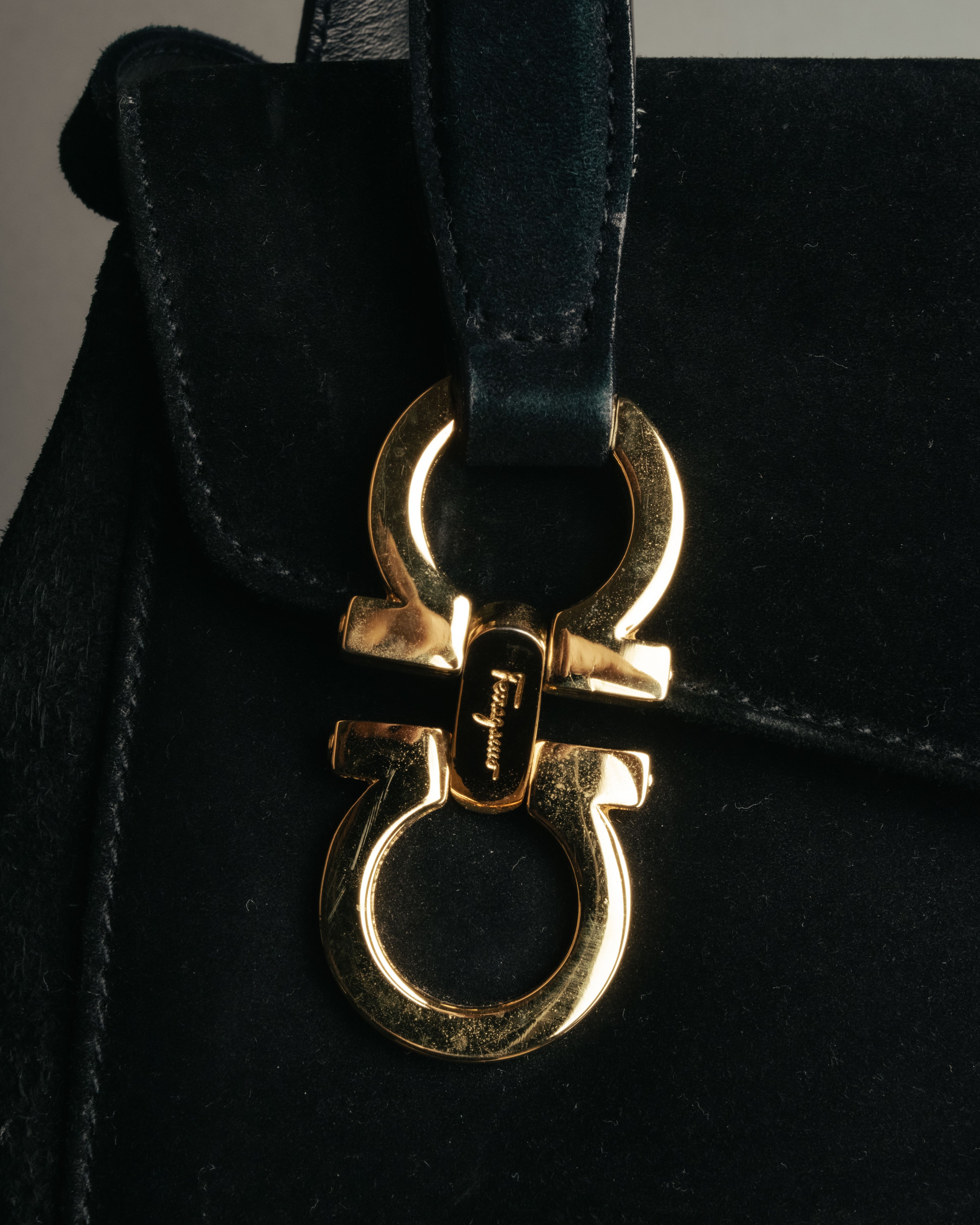 “Salvatore Ferragamo” 1995 Double gancini suede leather handbag