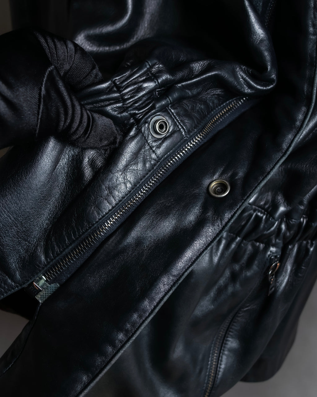 "Claude Montana" Drawcord detail stand-up collar leather blouson