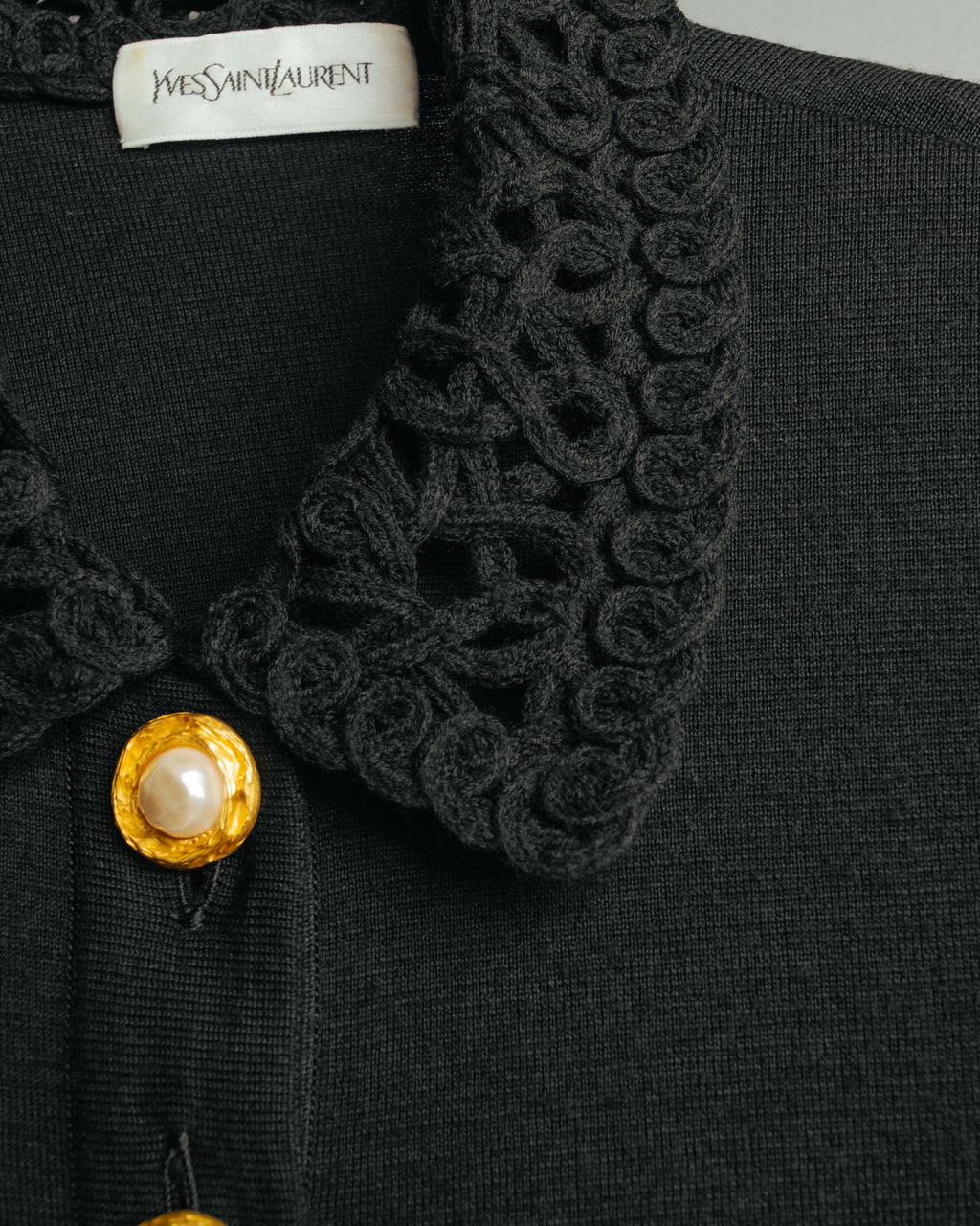 -SPECIAL- “Yves Saint Laurent” 90’s crochet collar pearl button knit pullover