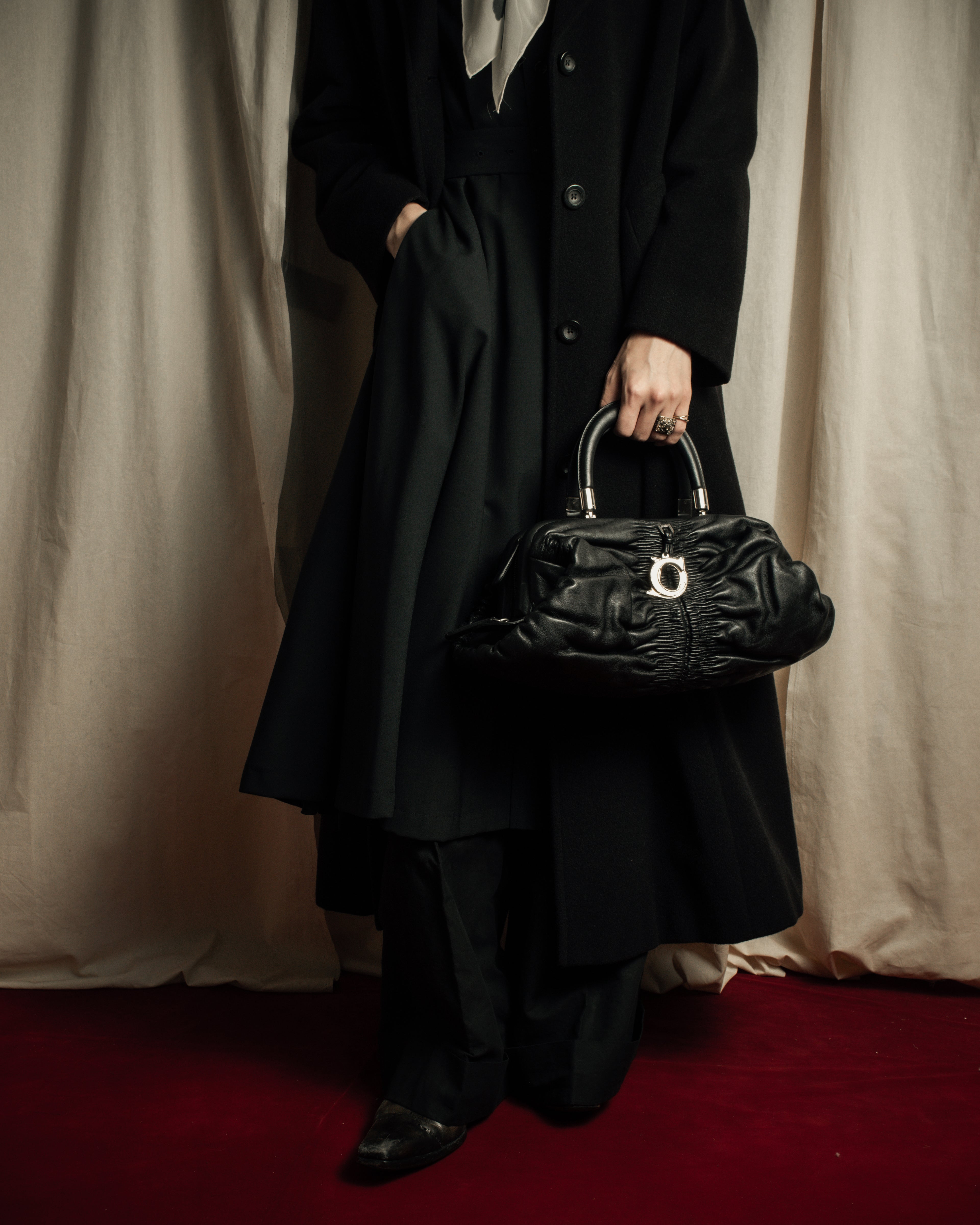 "Christian Dior" CD motif charm design gathered leather hand bag