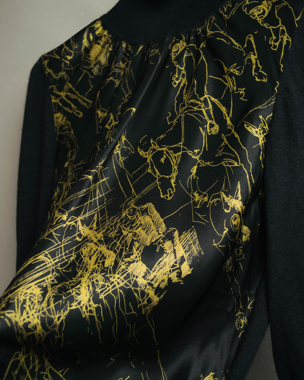 "Hermès" 00's Horse sketch print silk-paneled cashmere blend knit sweater