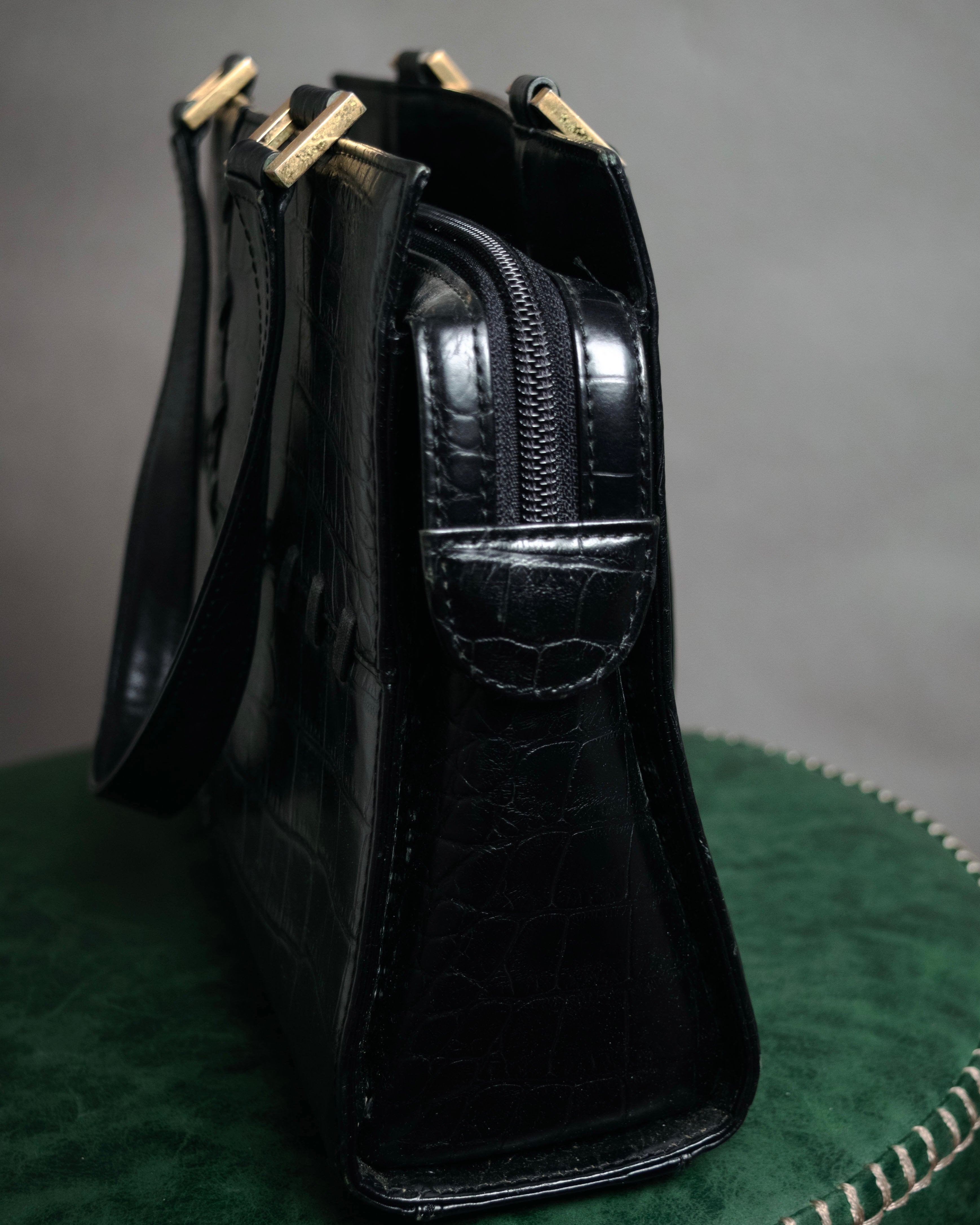 “YVES SAINT LAURENT” 90’s–Early 00’s Croc embossed leather woven stitch tote bag