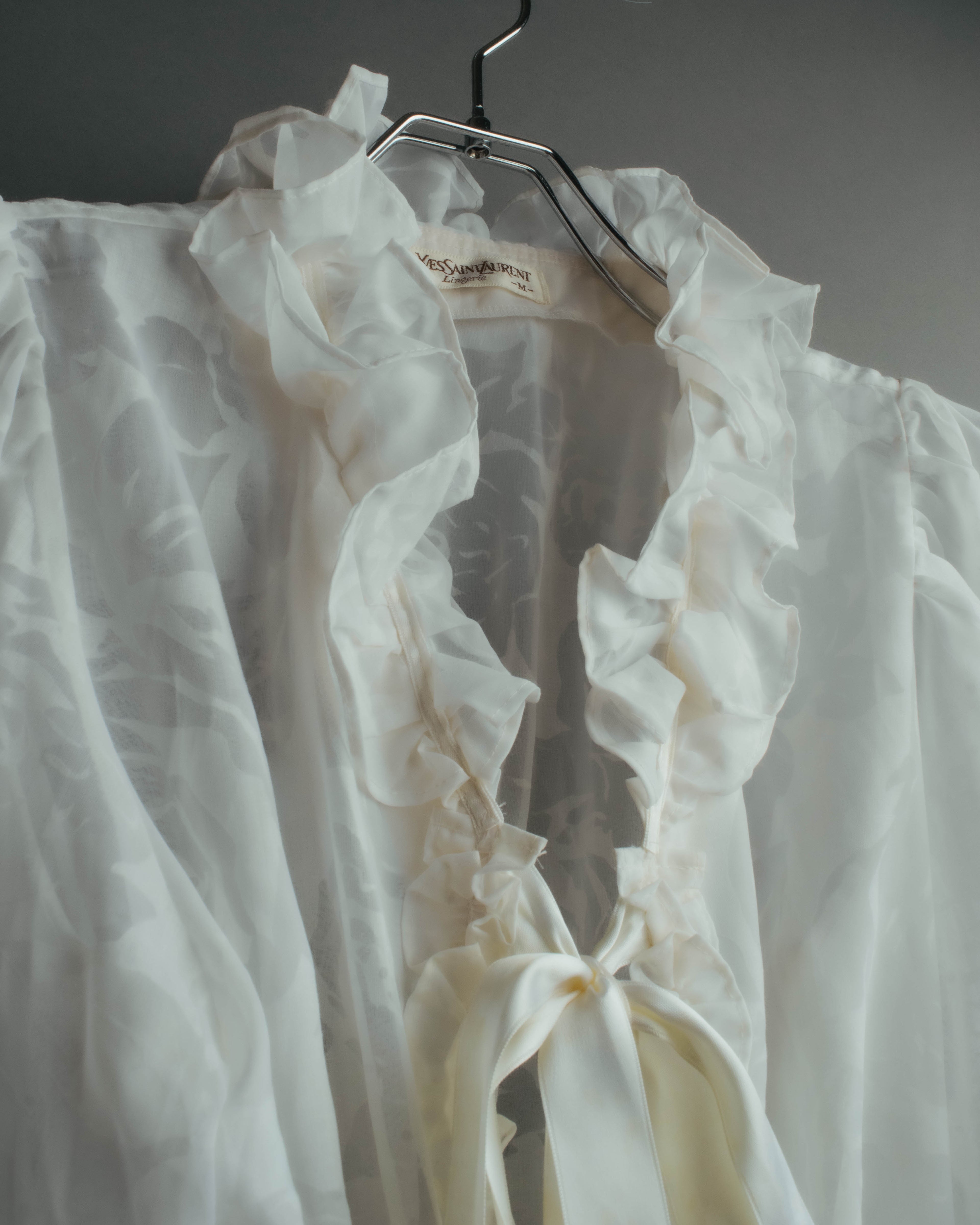 “Yves Saint Laurent” 80’s-90’s Sheer floral ruffle lingerie robe