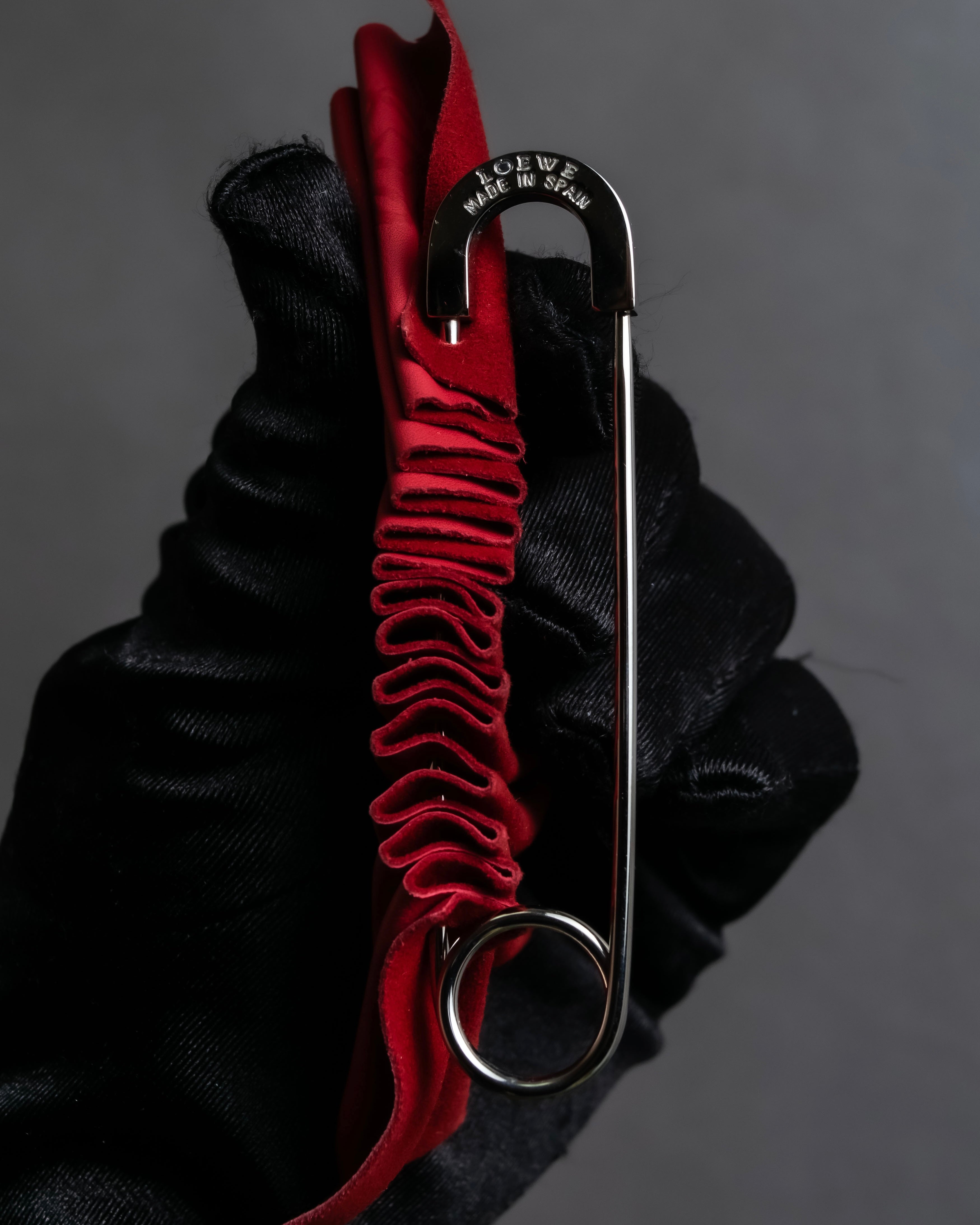 "LOEWE"  Red pleated motif safety pin brooch