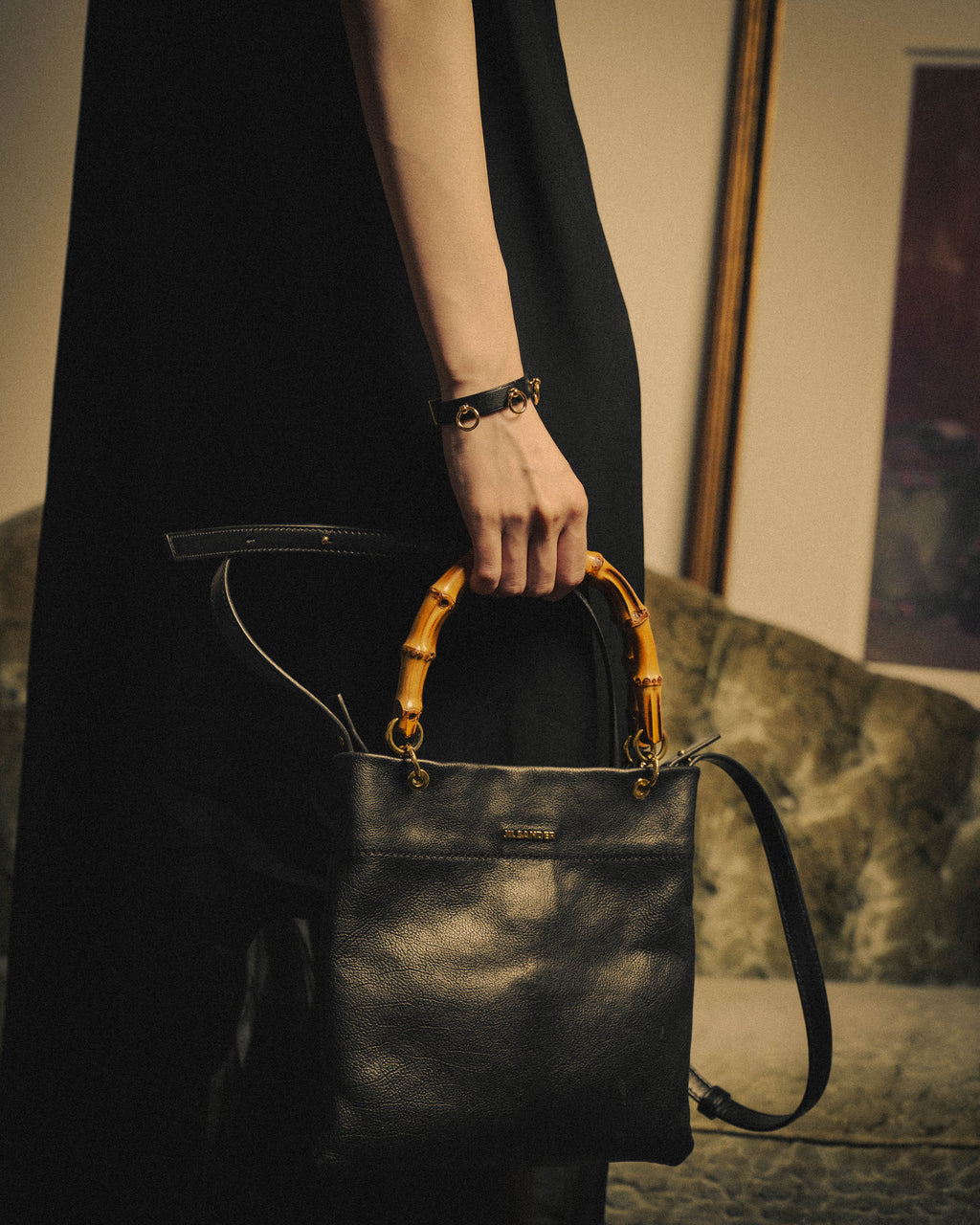 –SPECIAL– “JIL SANDER” 20’s Bamboo handle grained leather shopper bag