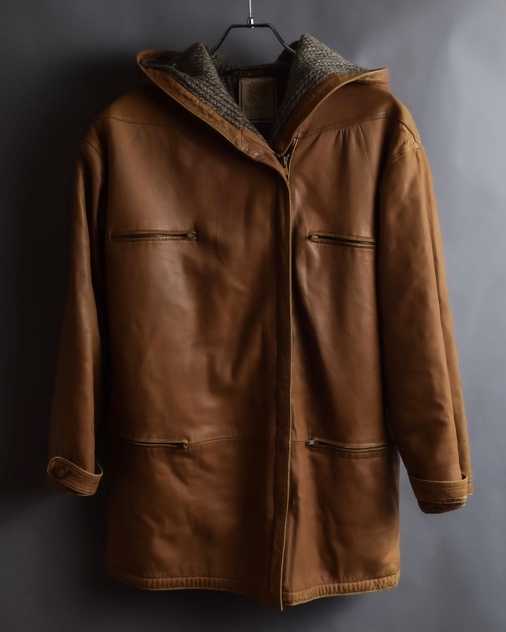 "LOEWE" 80-90's Vintage texture leather zip hoodie