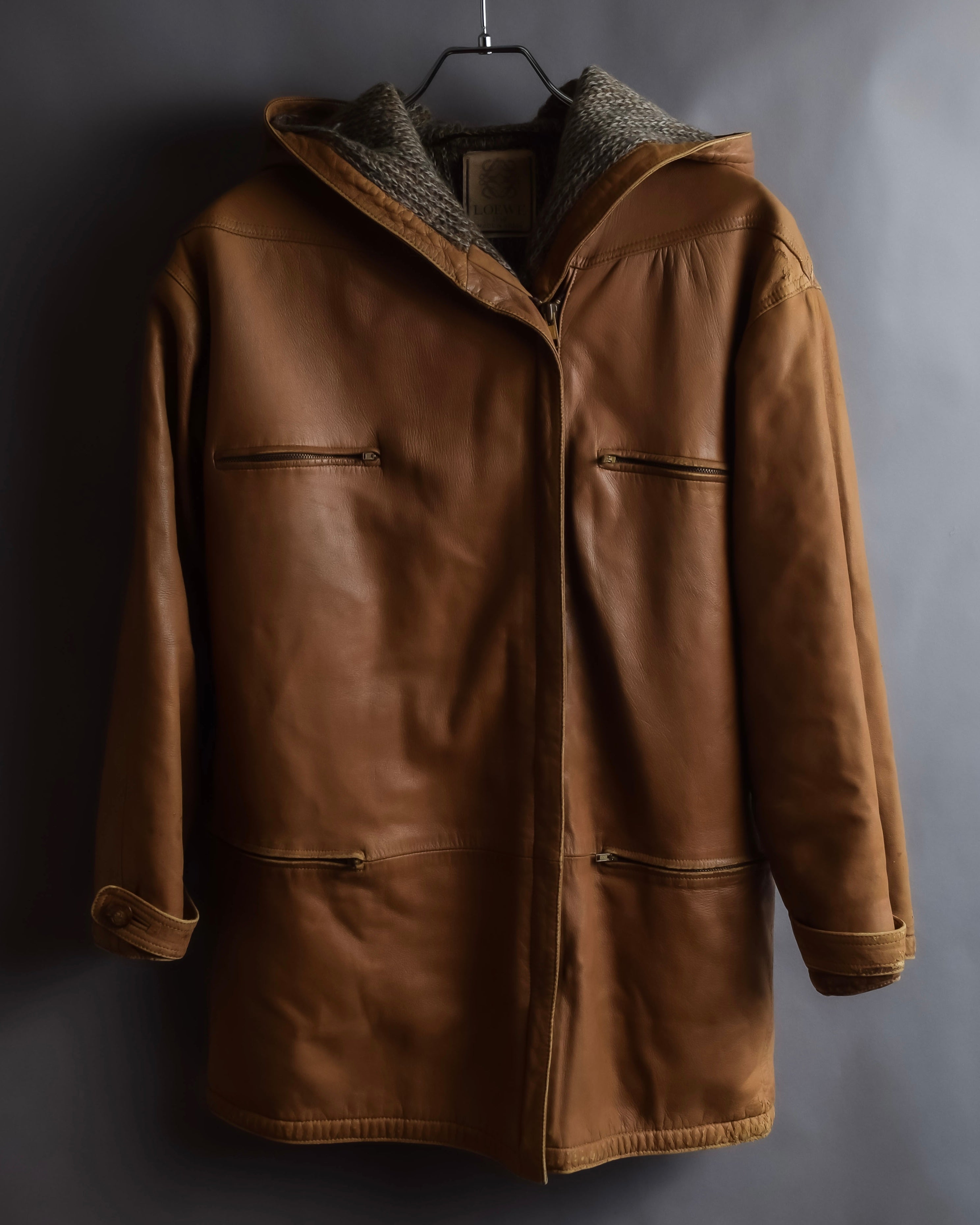 "LOEWE" 80-90's Vintage texture leather zip hoodie