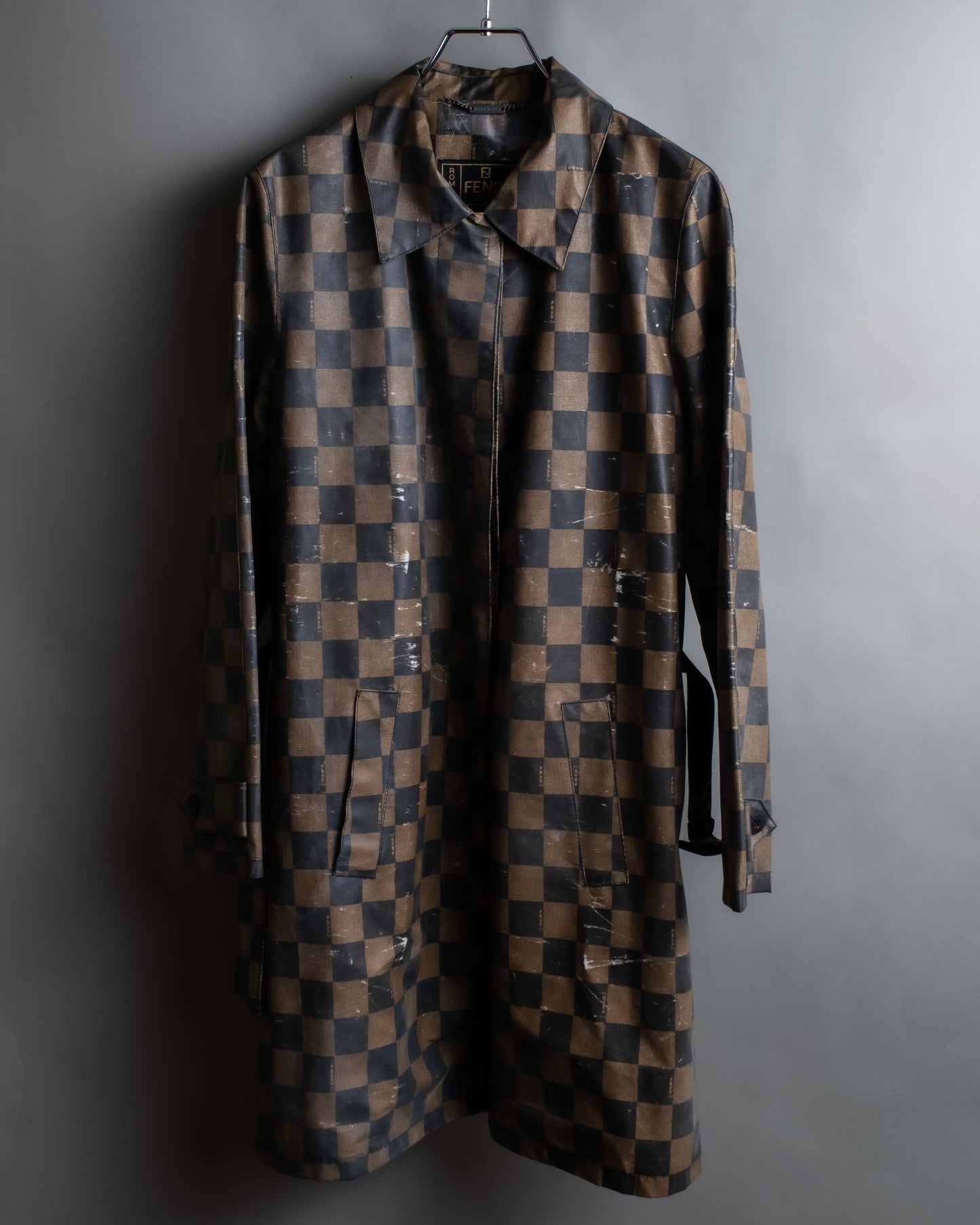 "FENDI" Pecan checkered belted mid length coat