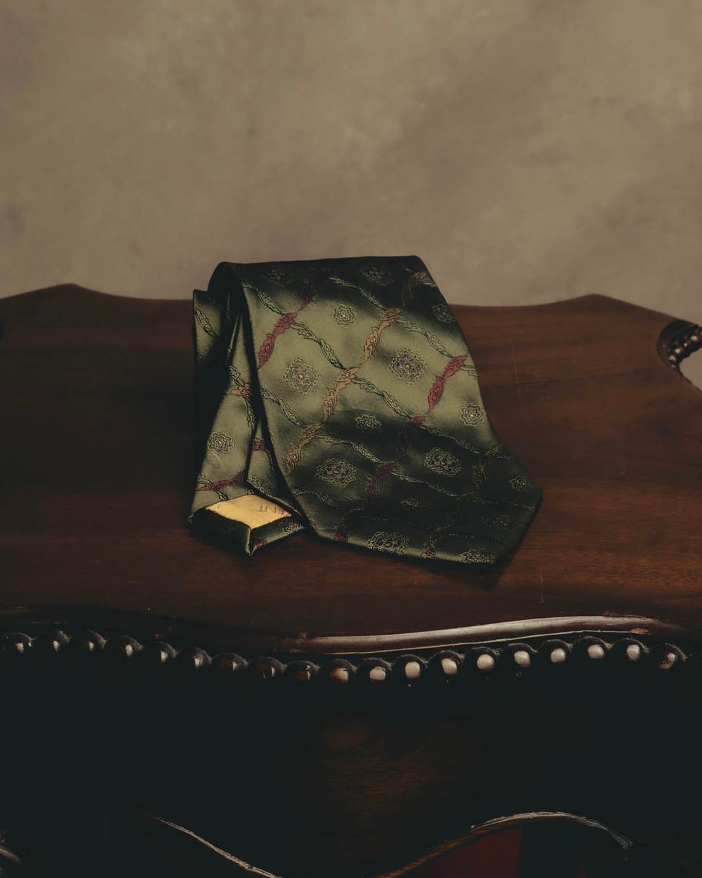 "Yves Saint Laurent" 80's-90's Olive silk jacquard necktie