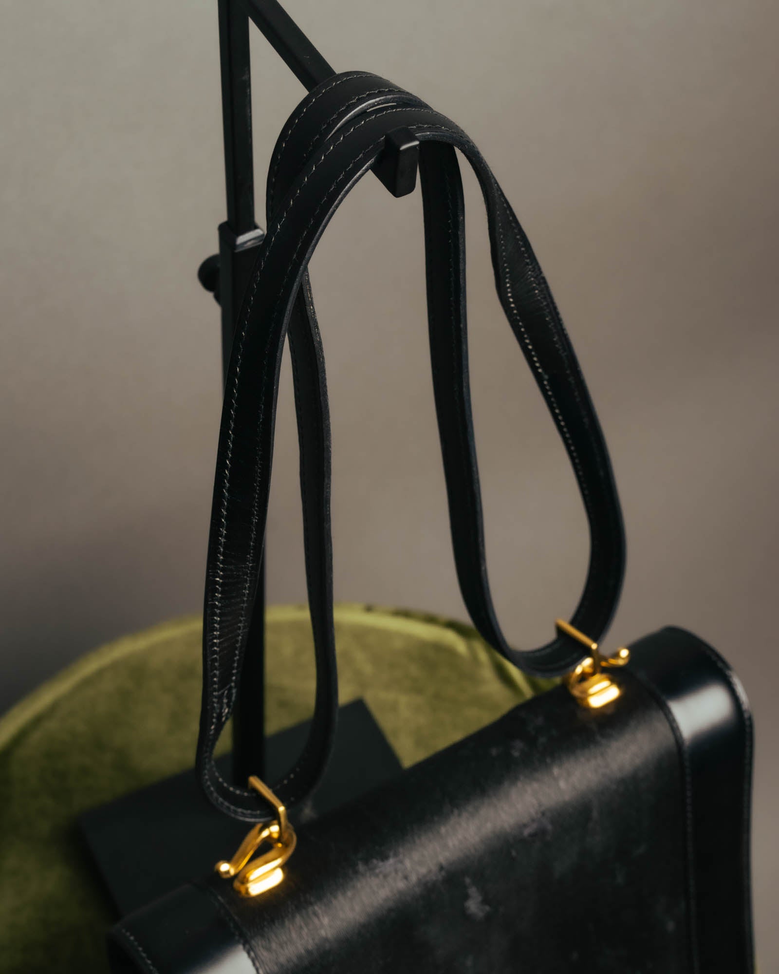 -SPECIAL- “HERMÈS” 80’s-90’s Camargue black leather and canvas shoulder bag