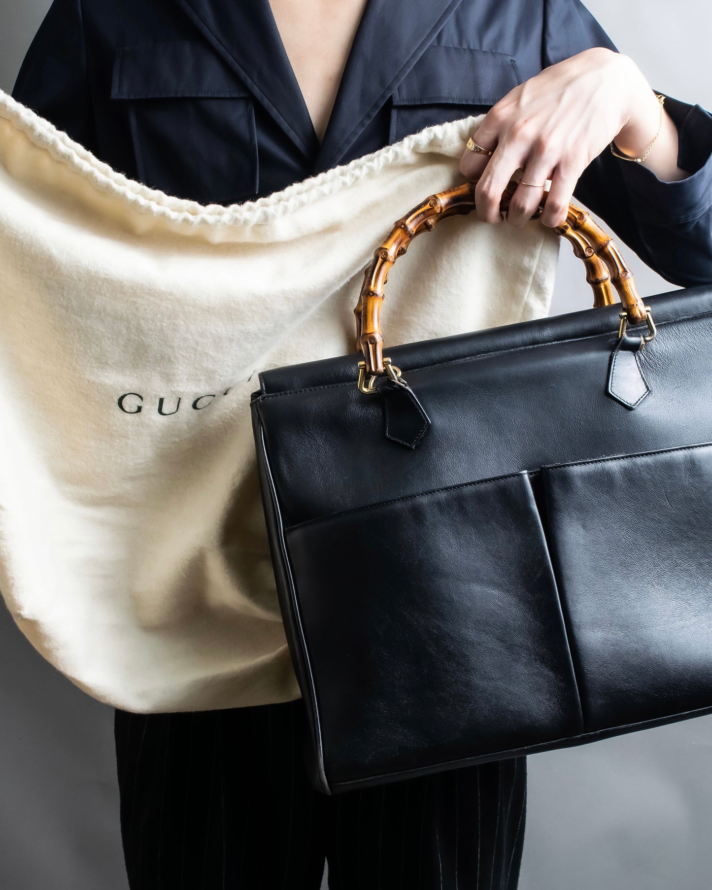 "GUCCI" Outer pocket leather bamboo hand bag