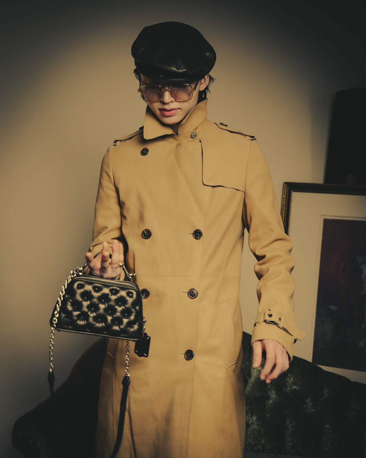 –SPECIAL– “Maison Martin Margiela” 2012AW Leather trench coat with Line 4 printed lining