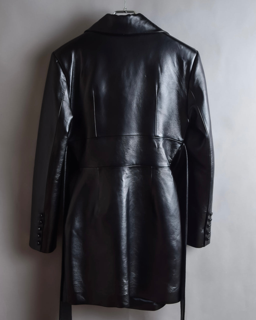 "MATÉRIEL TBILISI" Draped belted synthetic leather long jacket
