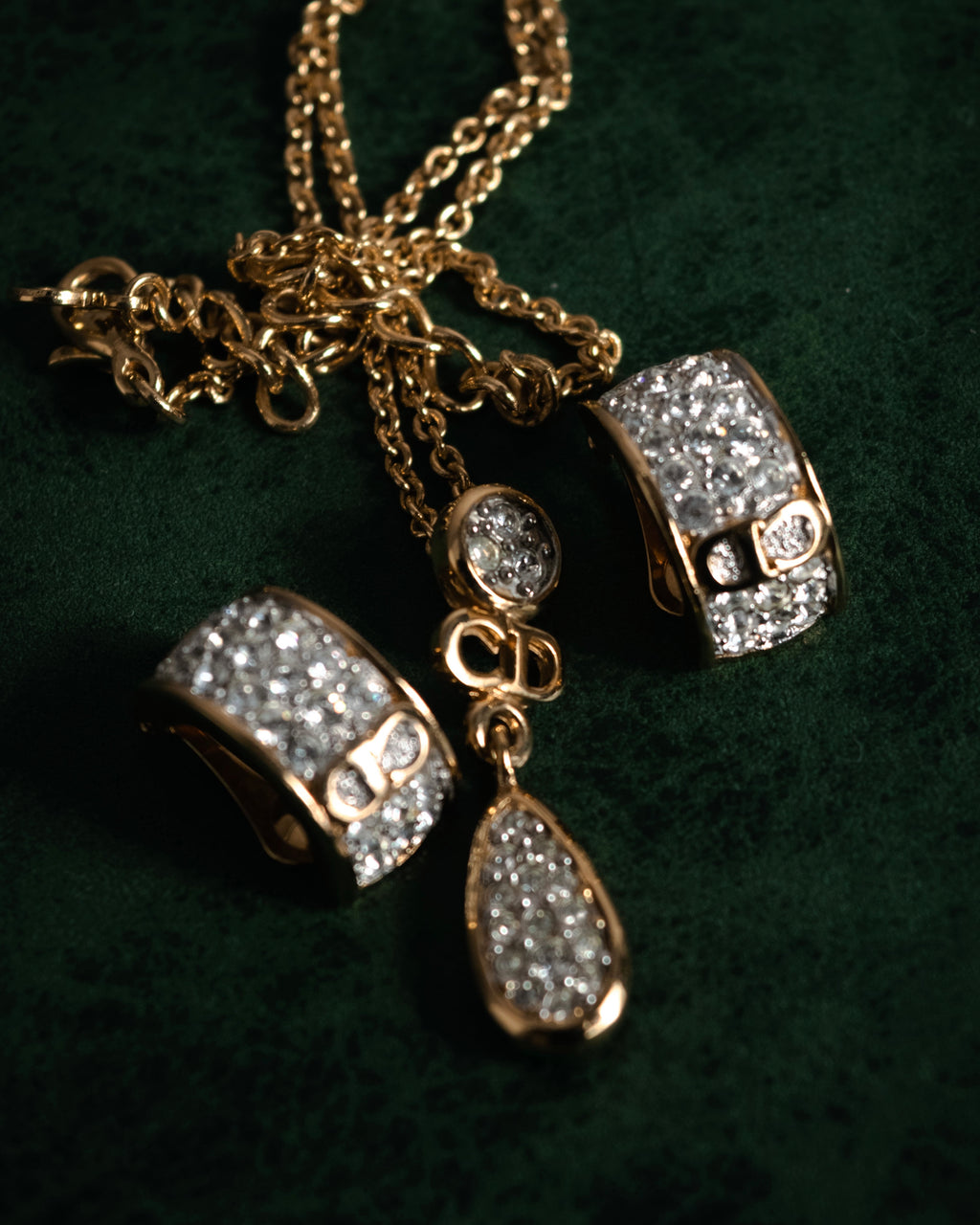 "Christian Dior" 00’s crystal pave cd drop necklace and earrings set
