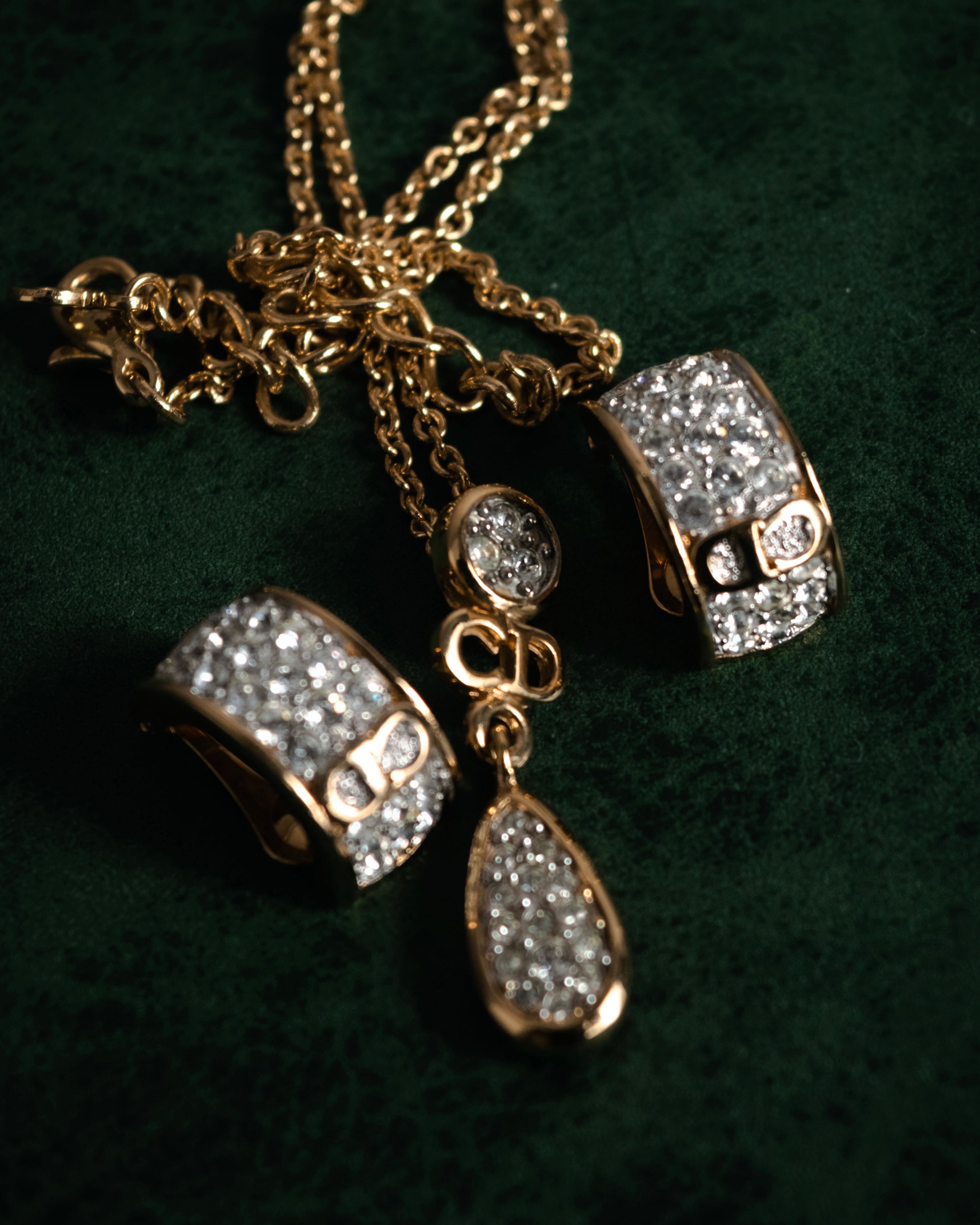 "Christian Dior" 00’s crystal pave cd drop necklace and earrings set