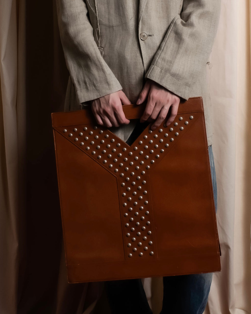 "YVES SAINT LAURENT" Studded Y design open-top leather tote bag
