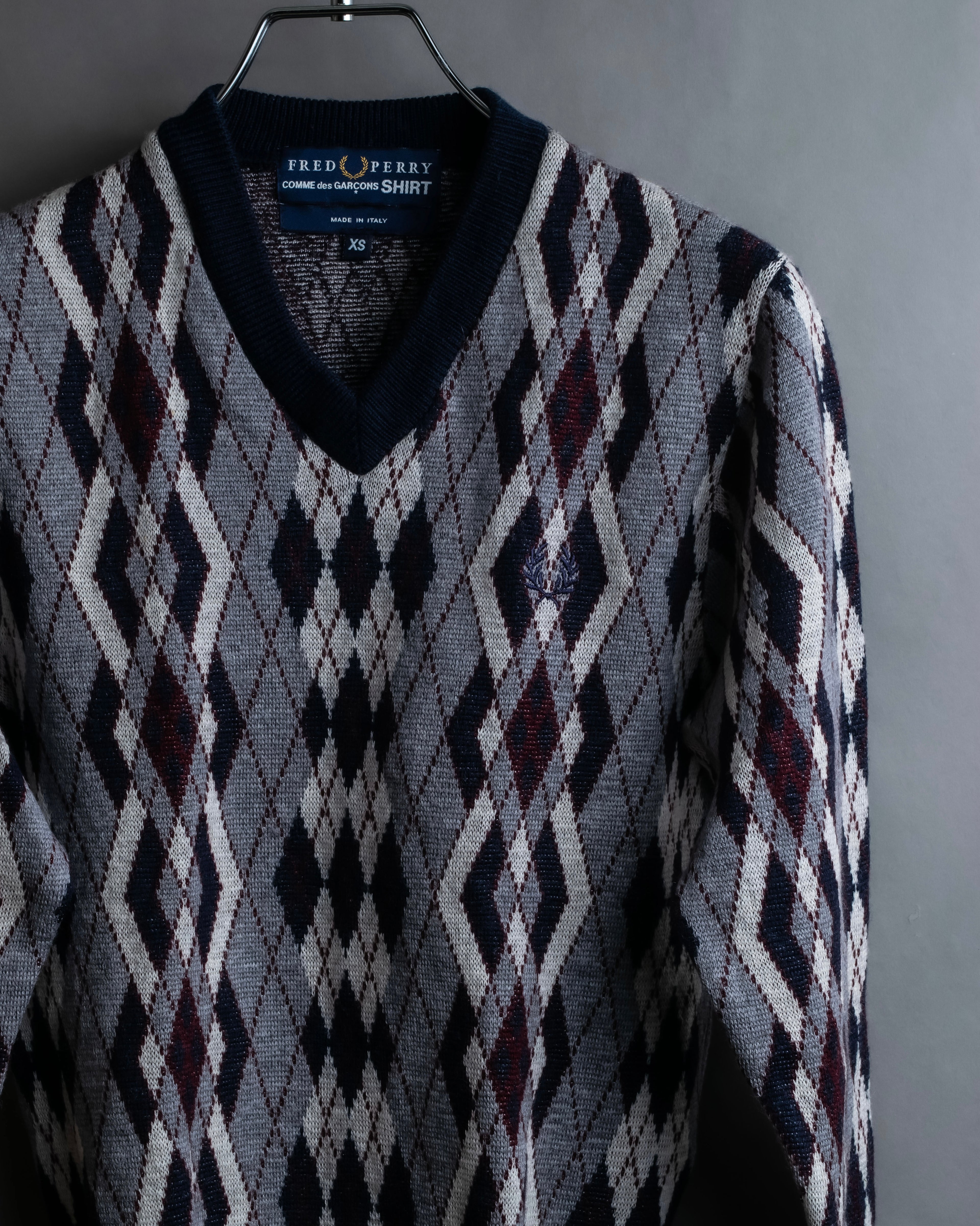 "COMME des GARCONS SHIRT × FRED PERRY" Argyle pattern box silhouette wool knit