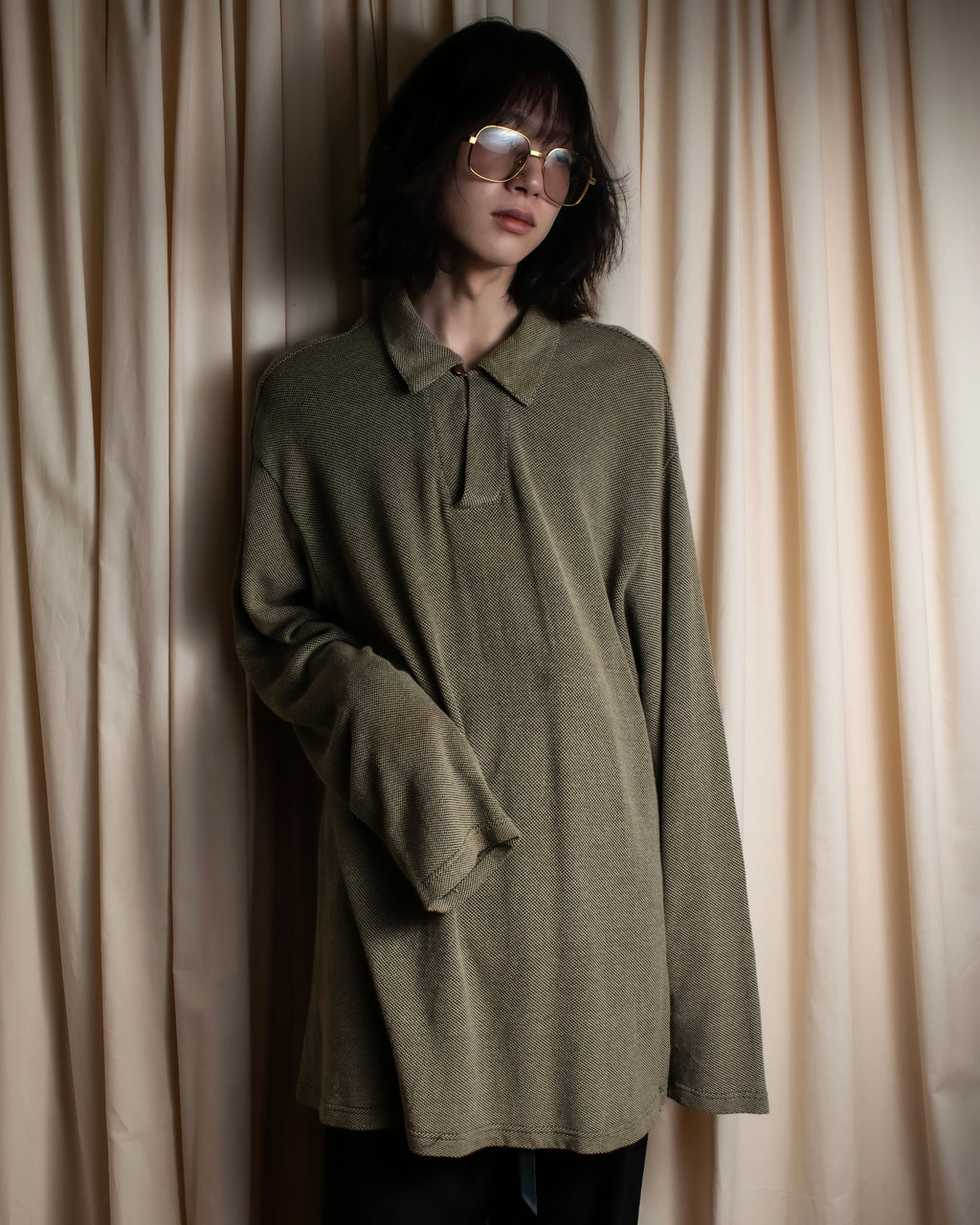 "Vintage herringbone long sleeve polo shirt"