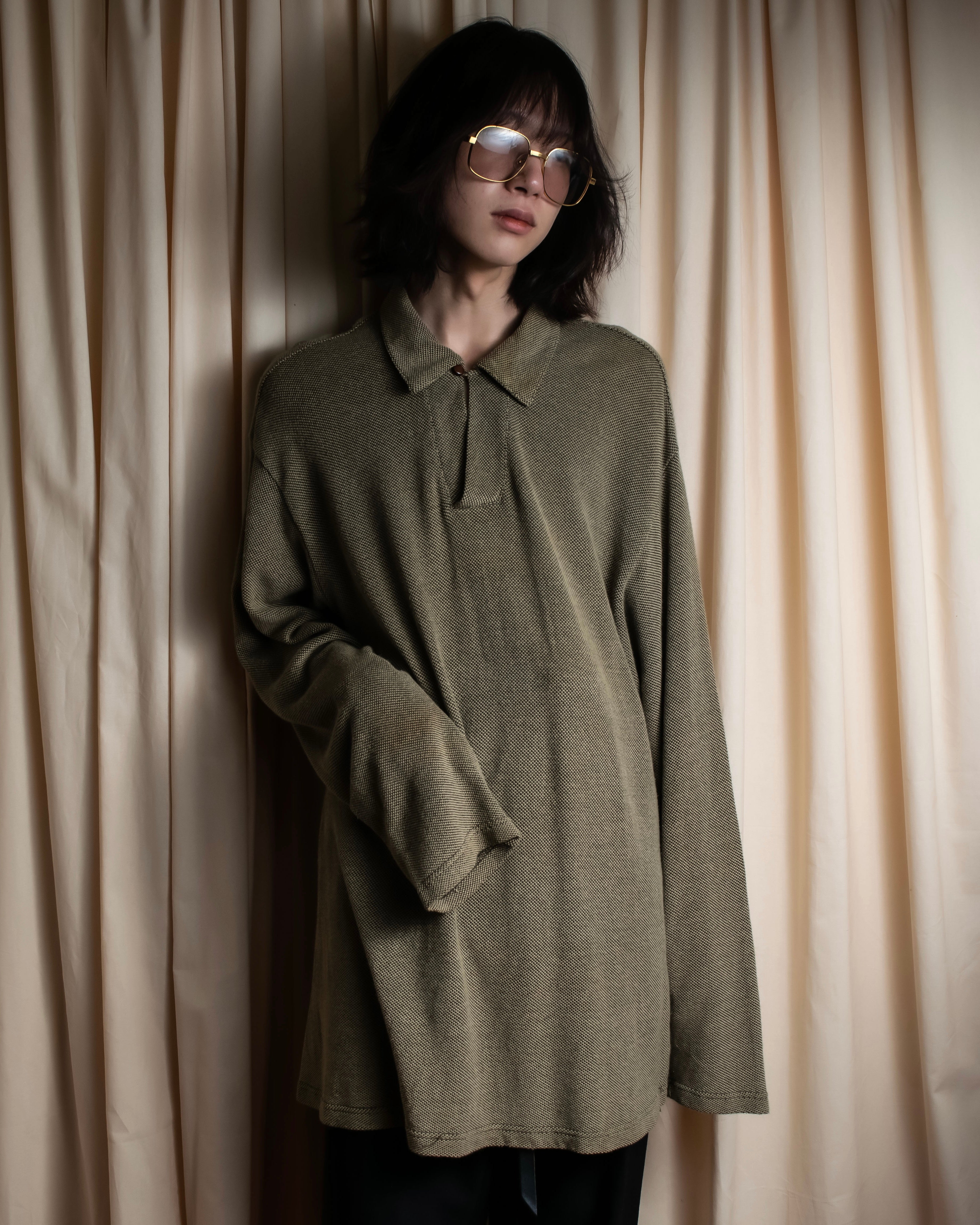 "Vintage herringbone long sleeve polo shirt"