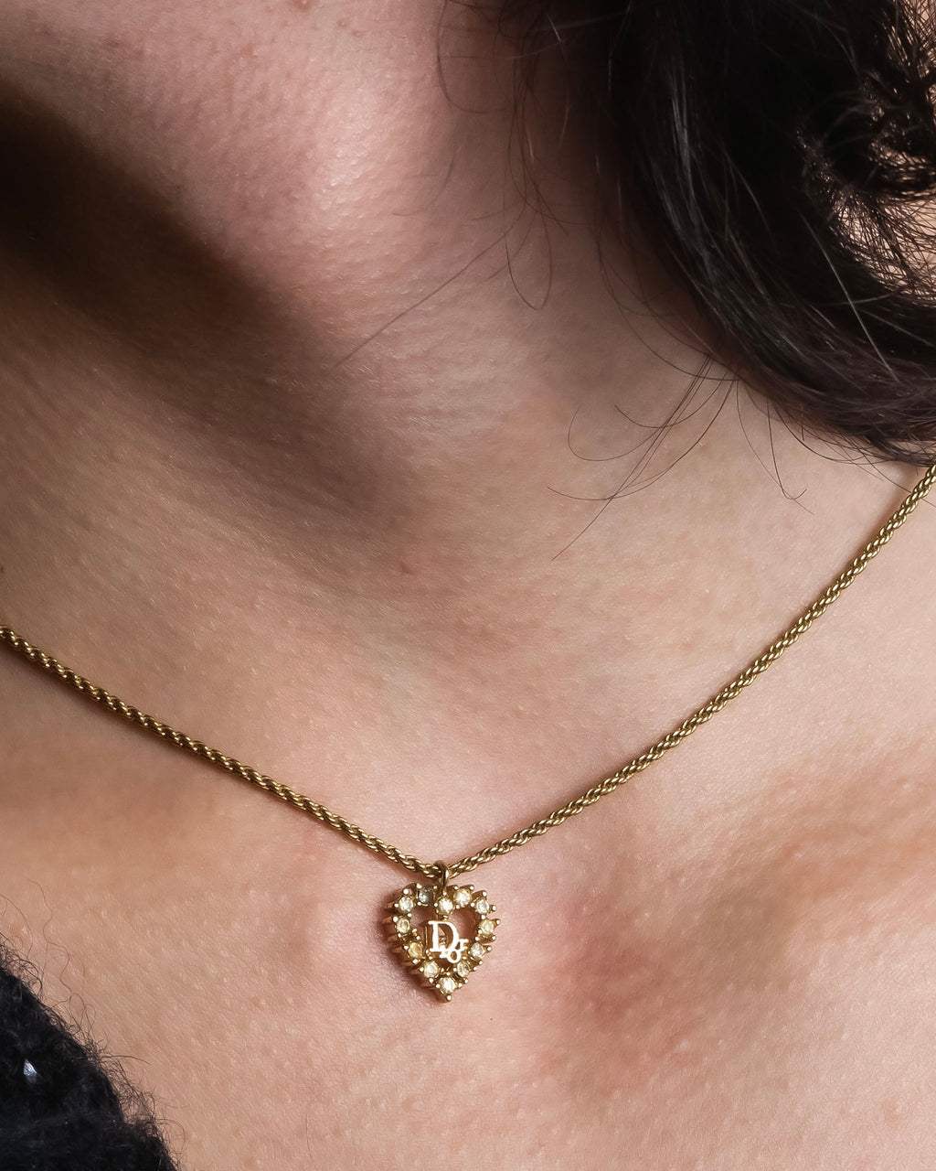 "Christian Dior" Rhinestone studded CD logo design in gold necklace