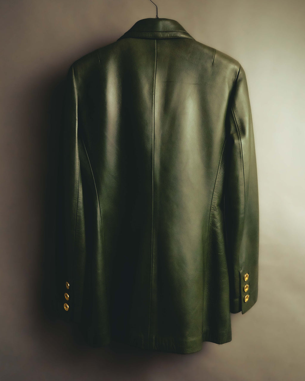 -SPECIAL- “LOEWE” 80’s-90’s Gold buttoned olive leather double-breasted tailored jacket