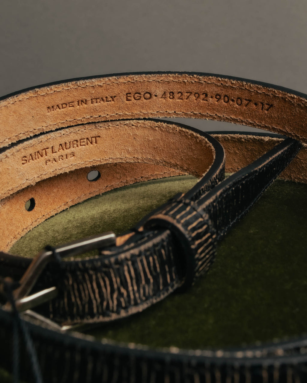 “SAINT LAURENT PARIS” 2010’s Lizard embossed narrow leather belt