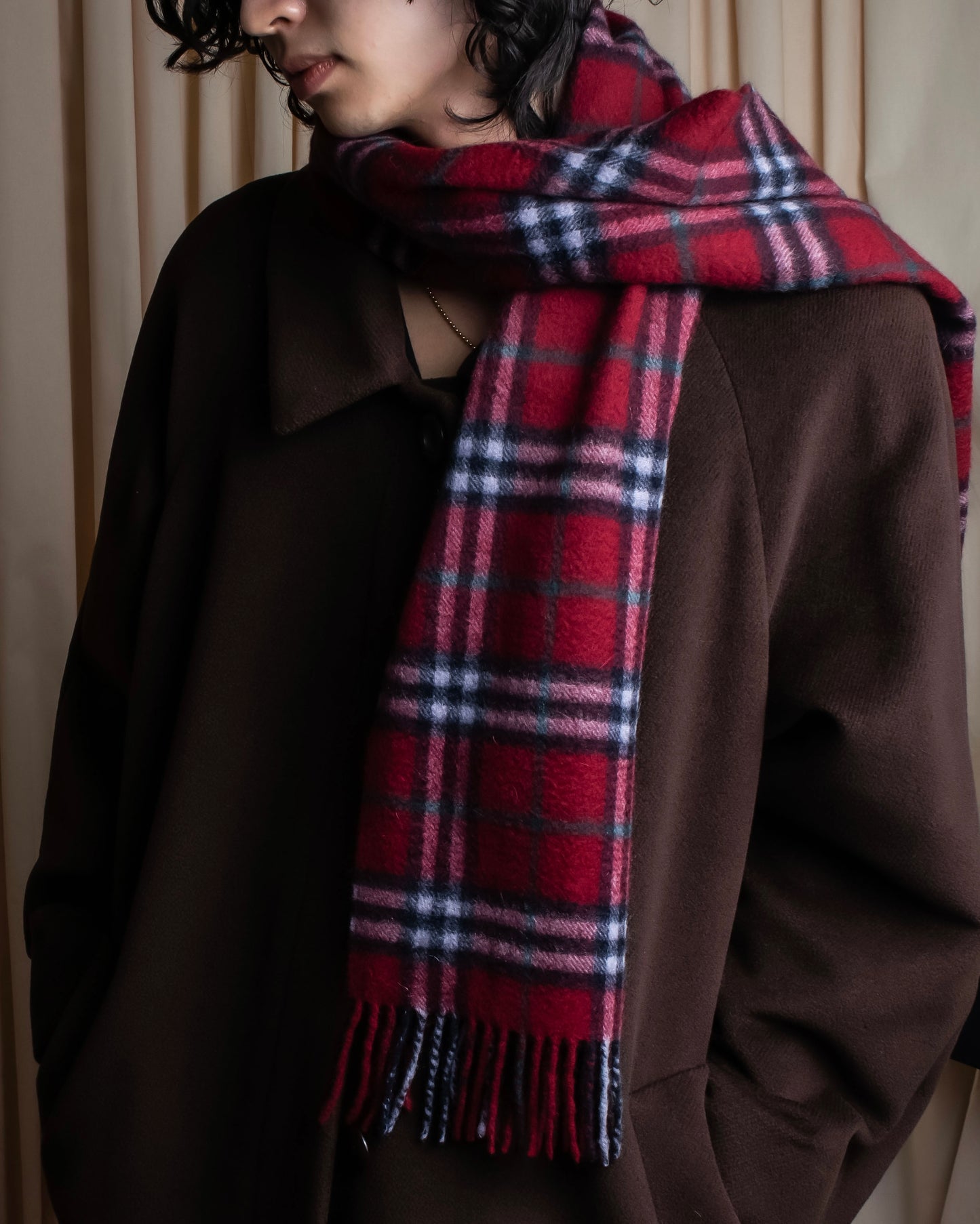 "BURBERRYS" 100% cashmere traditional check pattern fringe design muffler