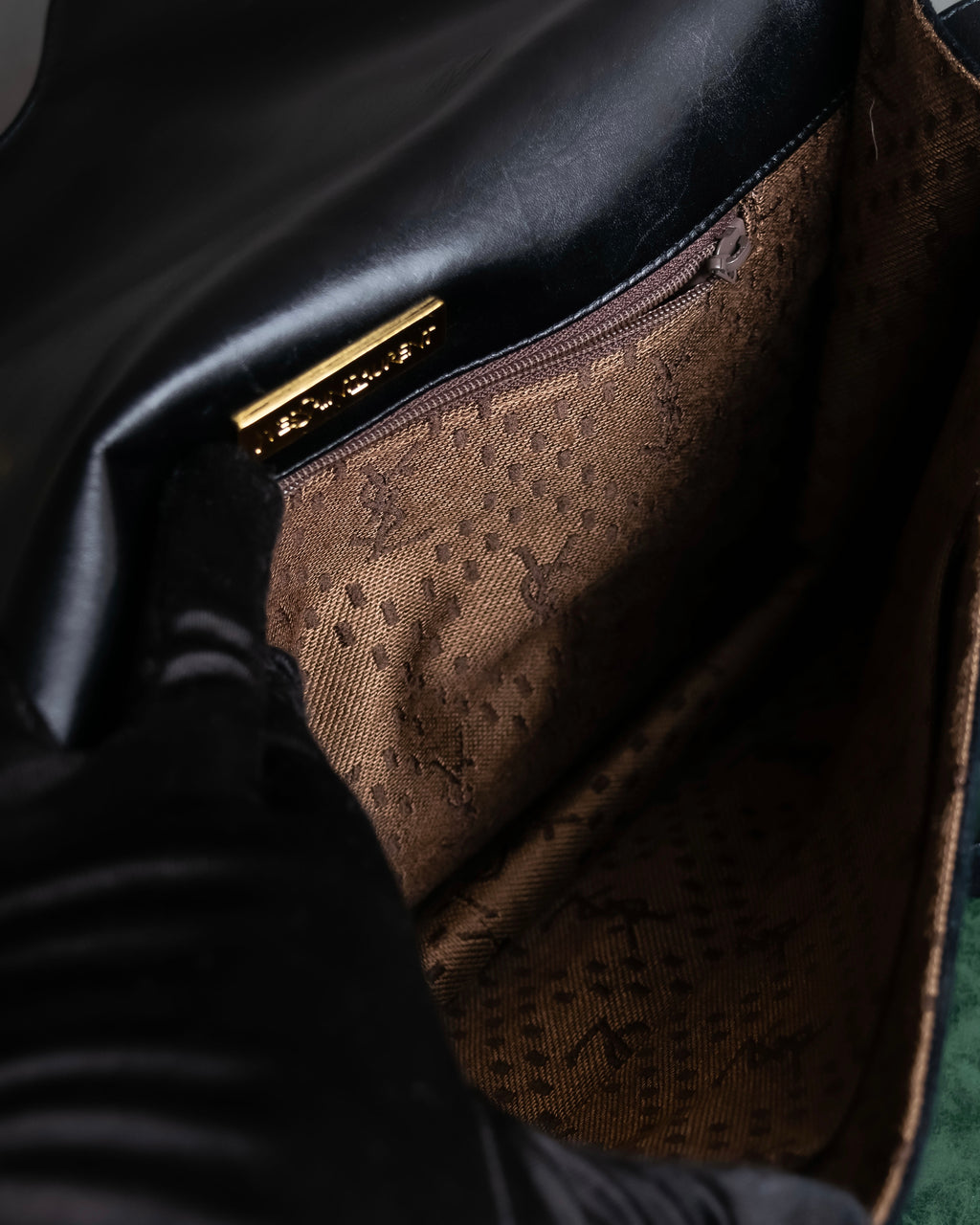 "YVES SAINT LAURENT" Gold medallion motif design suede leather shoulder bag