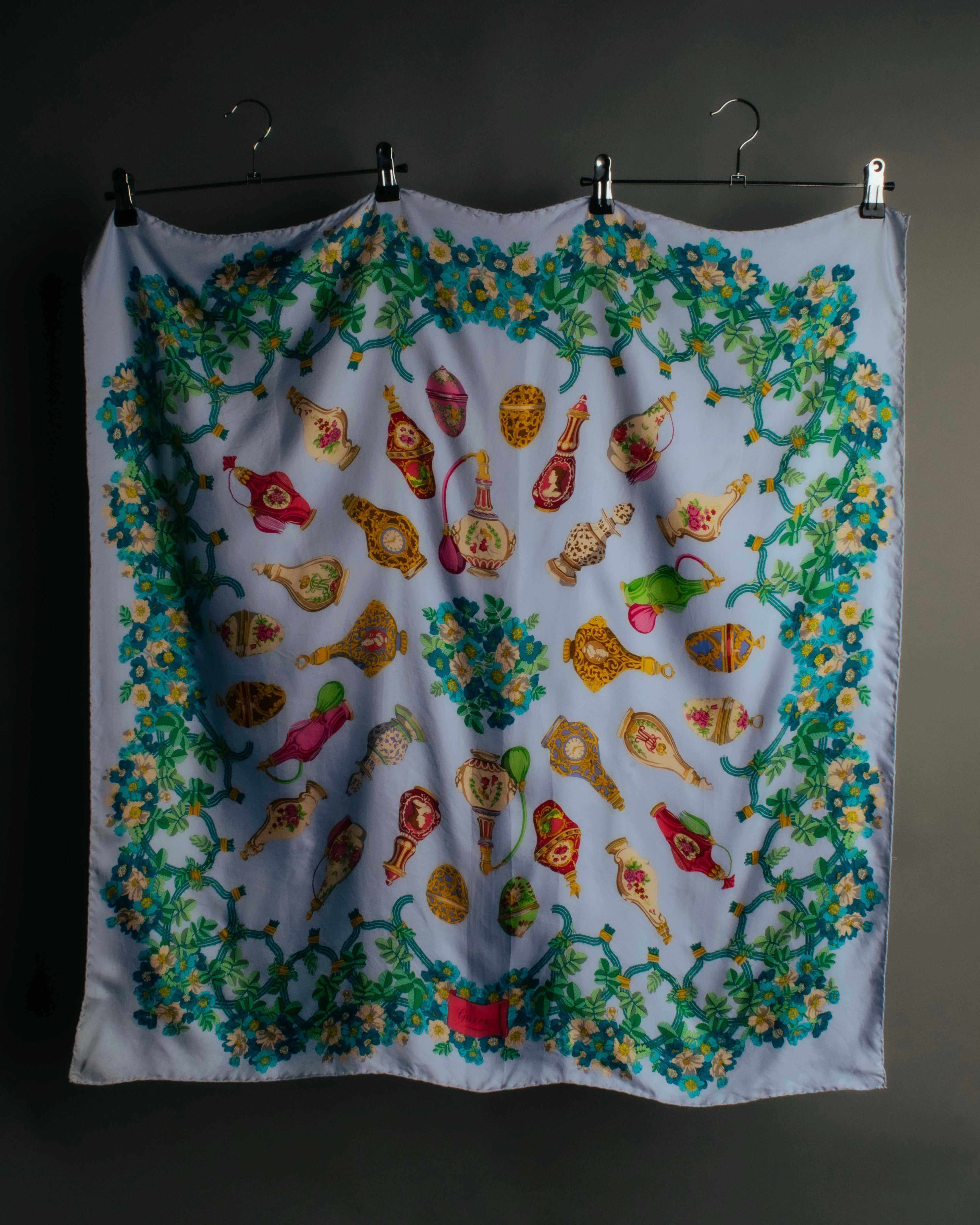 "GUCCI" 90's-00's Vintage botanical and perfume bottle silk scarf