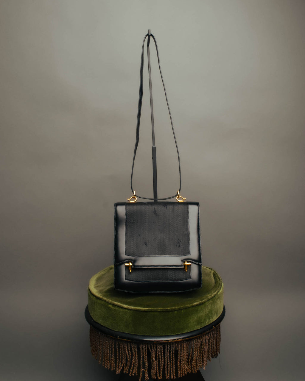 -SPECIAL- “HERMÈS” 80’s-90’s Camargue black leather and canvas shoulder bag