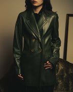 -SPECIAL- “LOEWE” 80’s-90’s Gold buttoned olive leather double-breasted tailored jacket