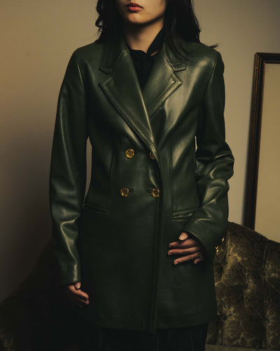 -SPECIAL- “LOEWE” 80’s-90’s Gold buttoned olive leather double-breasted tailored jacket