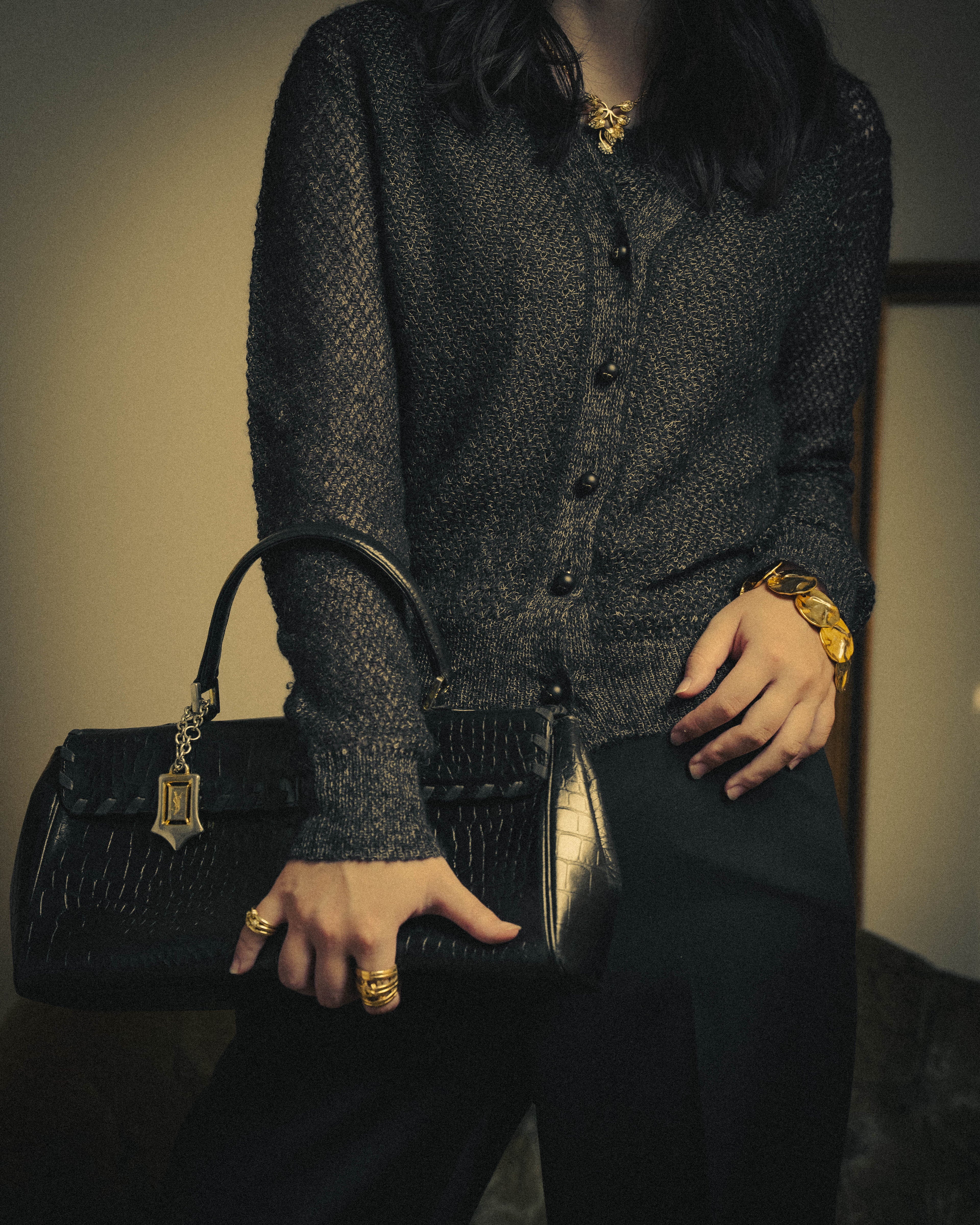-SPECIAL- “Yves Saint Laurent” 80’s-90’s Crocodile embossed lace-up handbag