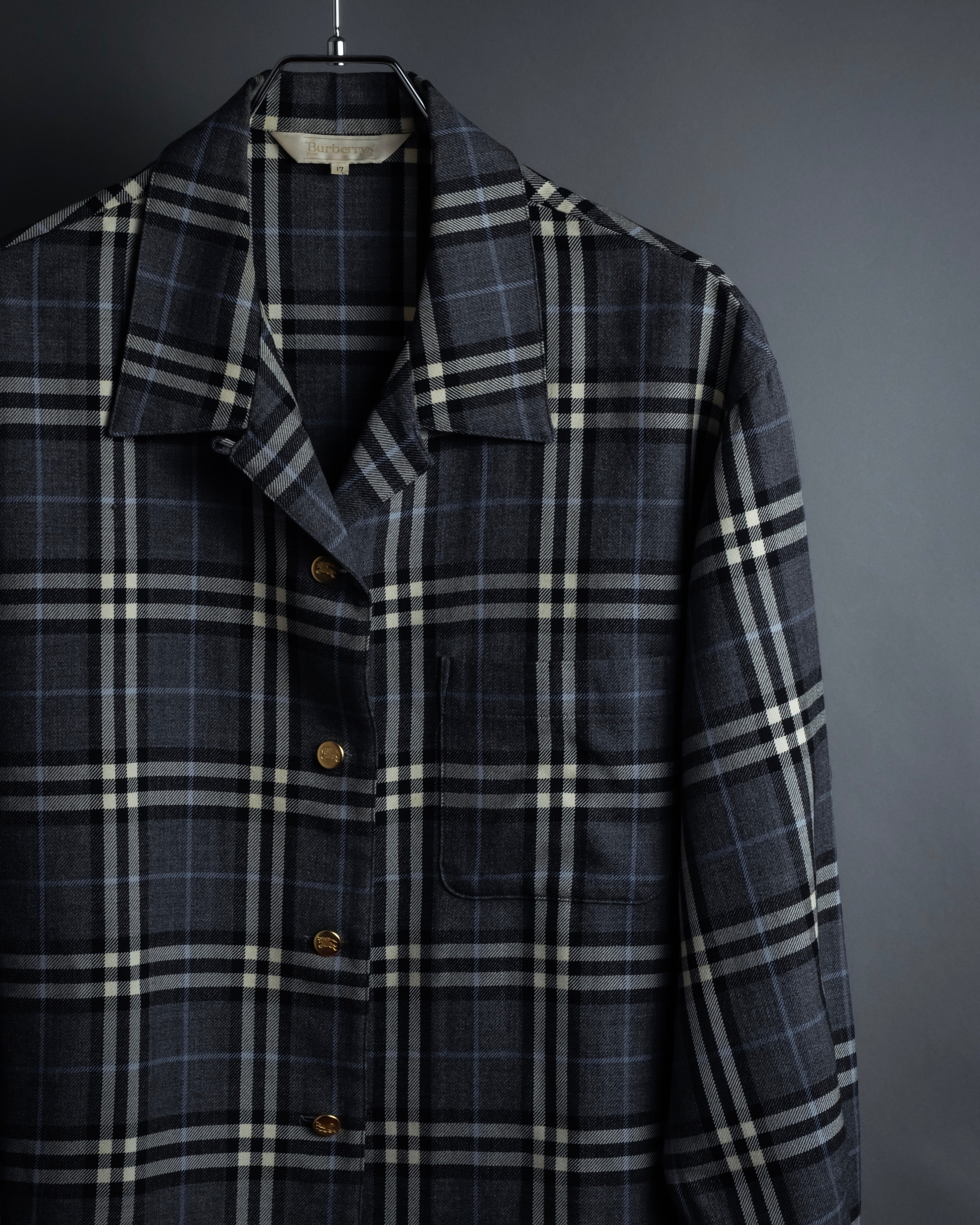 "BURBERRYS" Gold metal button design check pattern wool shirt
