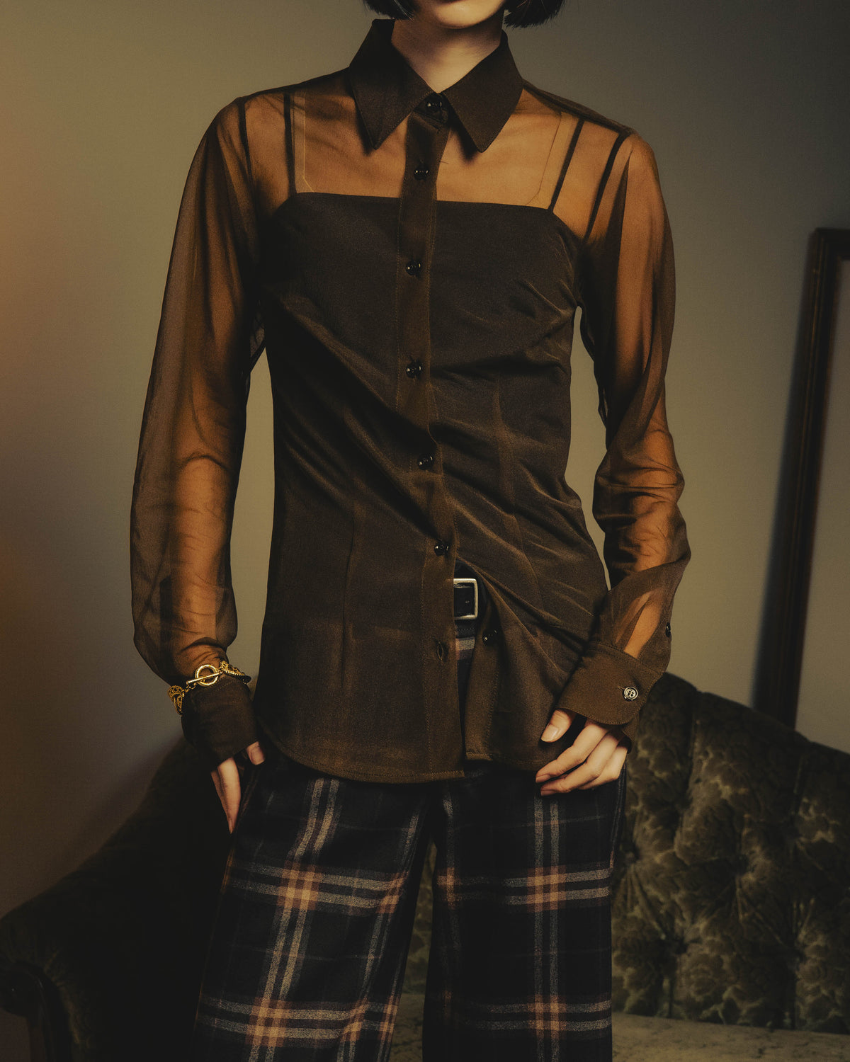 -SPECIAL- “Dries Van Noten” 20’s Sheer brown tailored long sleeve shirt