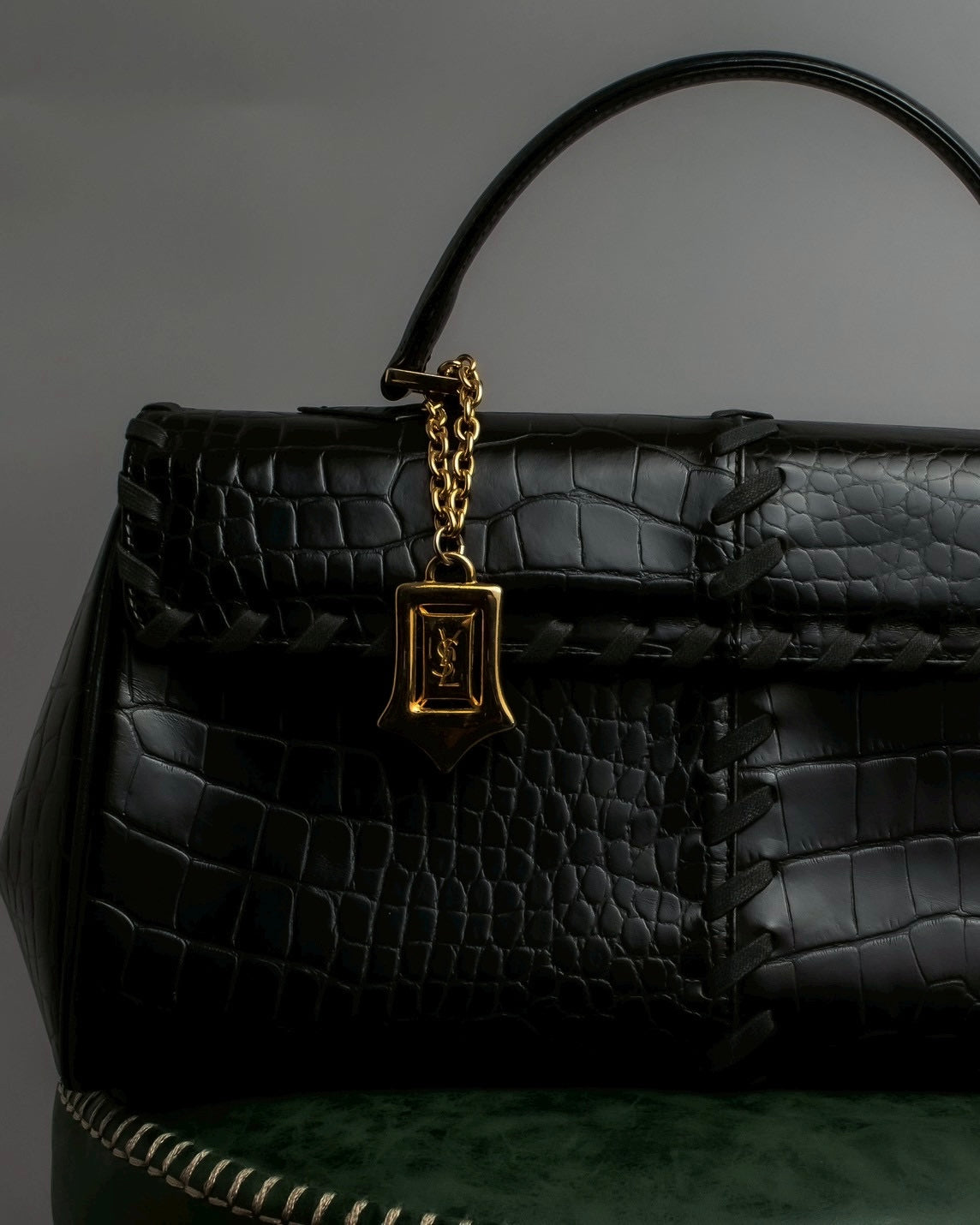 "YVES SAINT LAURENT" Whip stitch design crocodile foil stamped leather hand bag