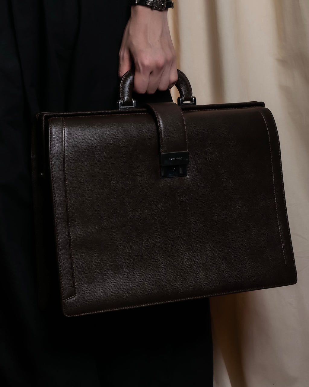 "BURBERRY" Metal belt design embossed PVC briefcase