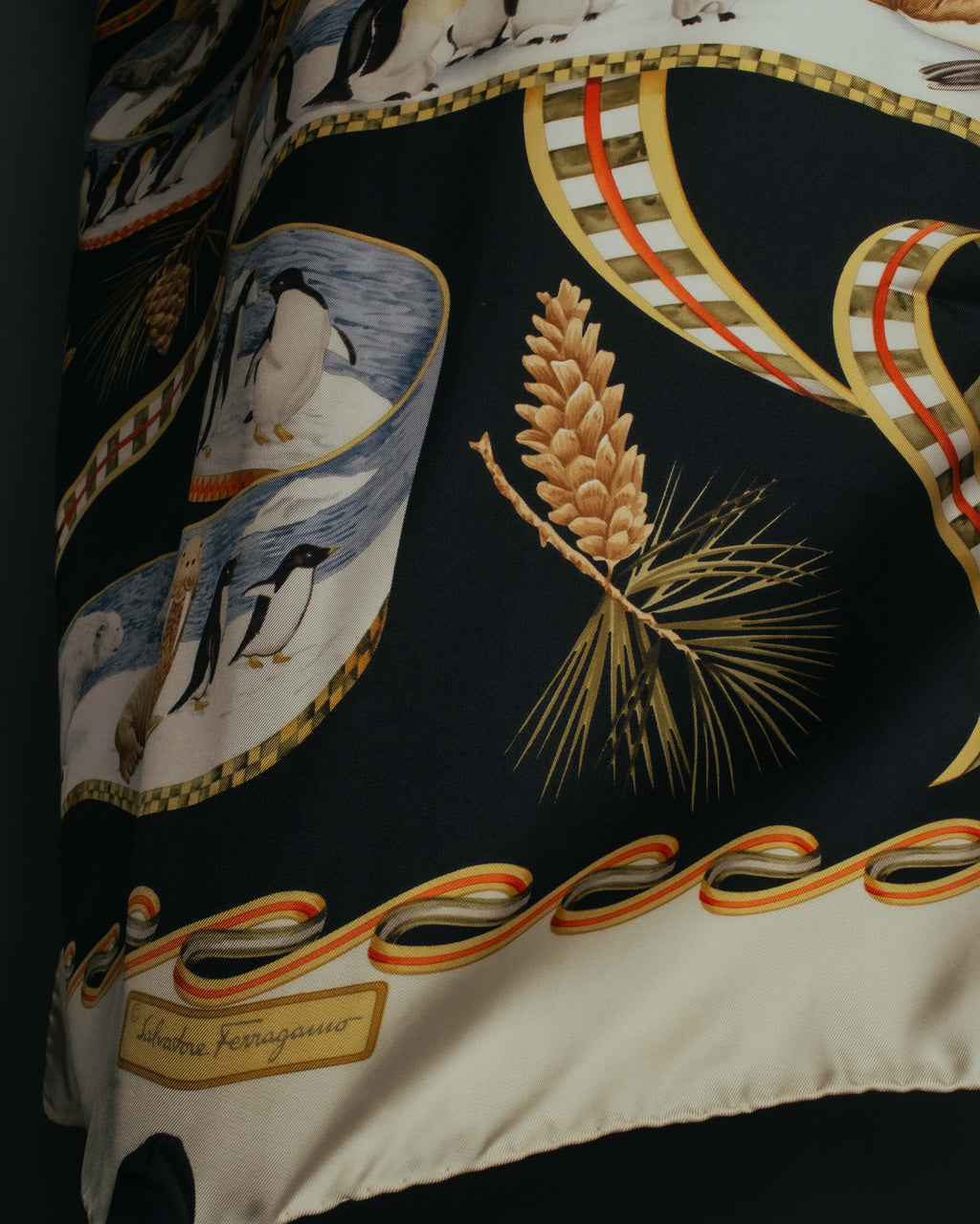 "Salvatore Ferragamo" 90's-00's Vintage arctic fauna and scrolling ribbon silk scarf