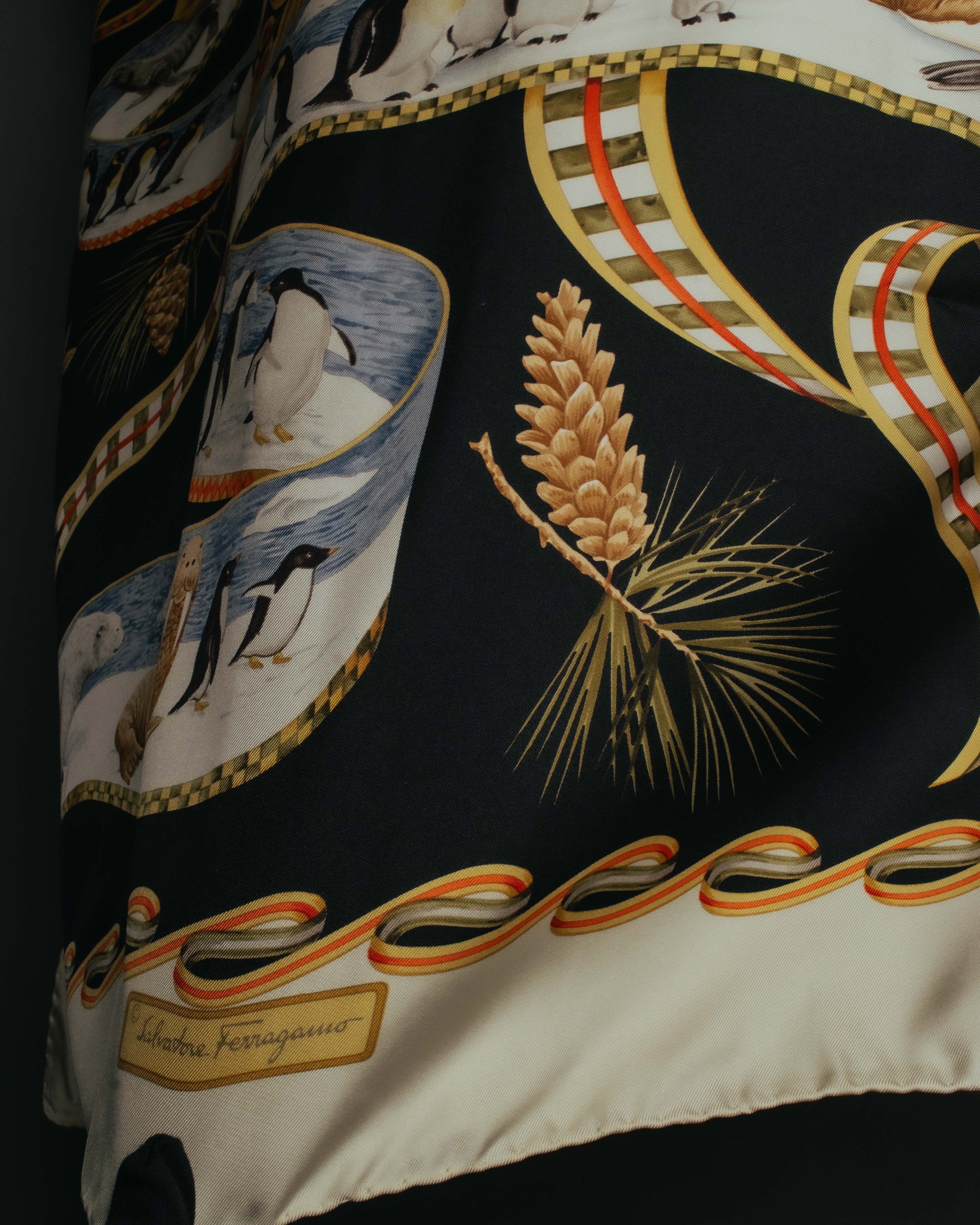 "Salvatore Ferragamo" 90's-00's Vintage arctic fauna and scrolling ribbon silk scarf