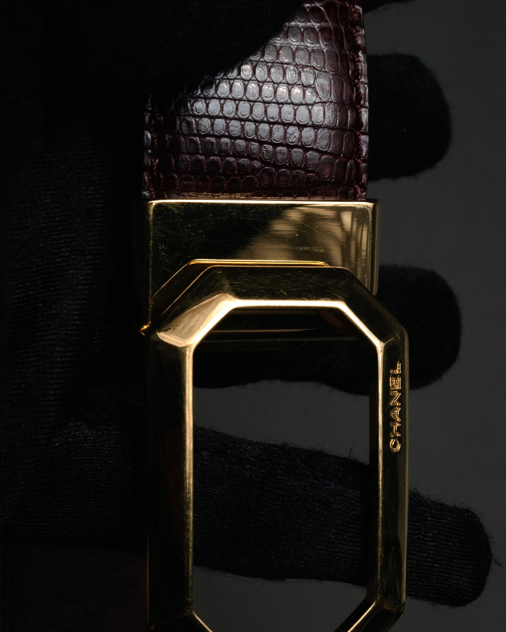 “CHANEL” 90’s Octagon buckle lizard leather belt