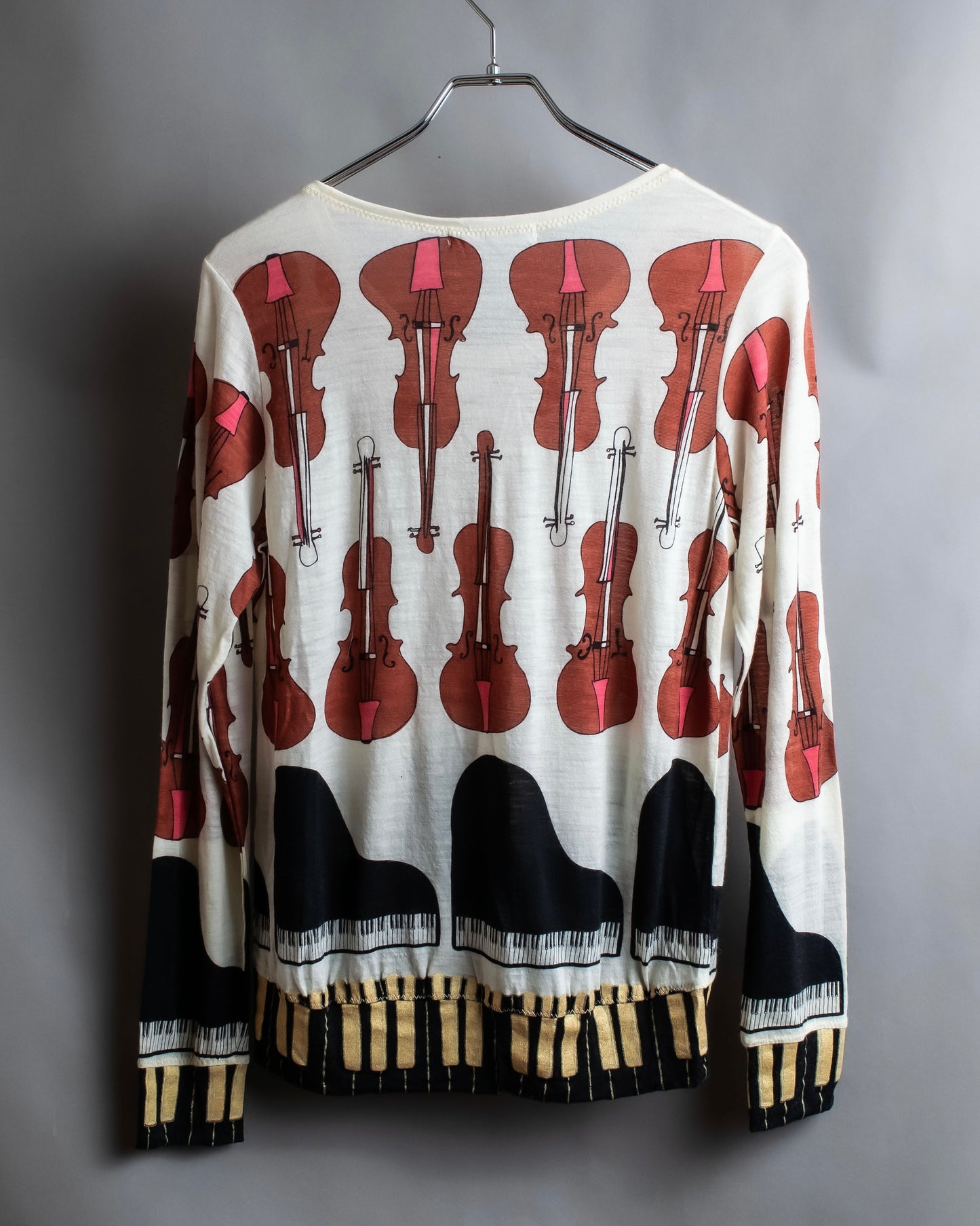 "TSUMORI CHISATO" Musical instrument pattern box silhouette long sleeve knit T-shirt