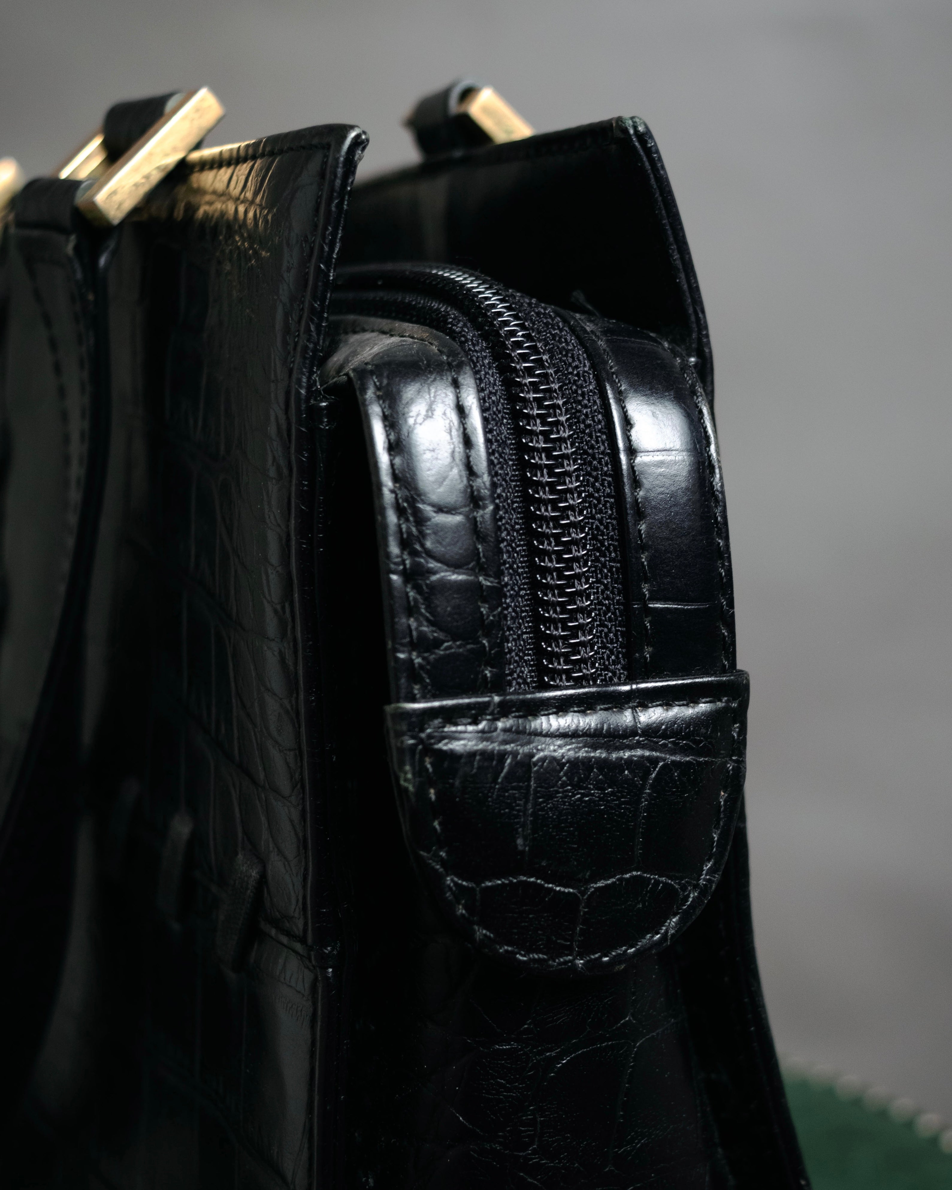 “YVES SAINT LAURENT” 90’s–Early 00’s Croc embossed leather woven stitch tote bag