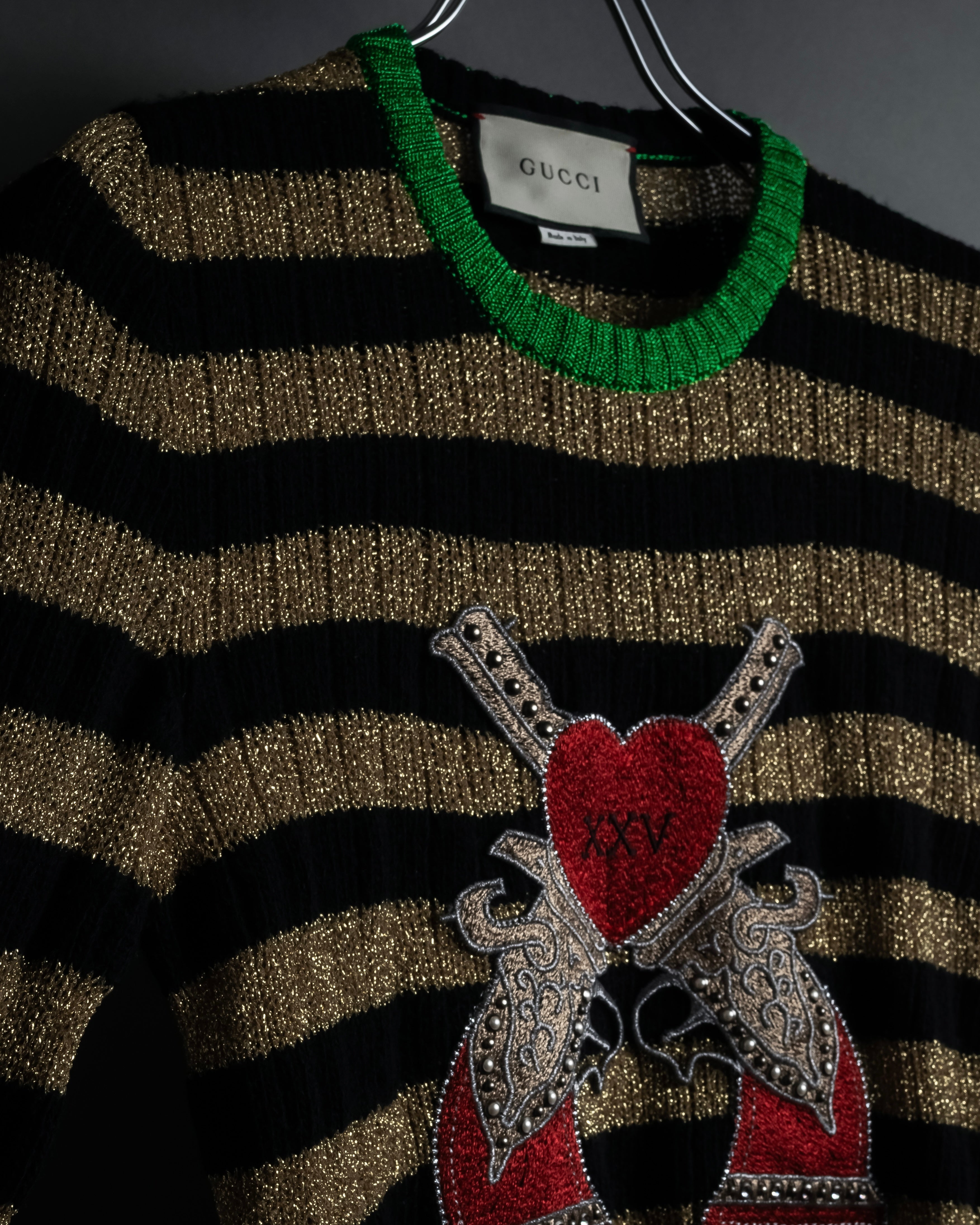 "GUCCI" 17-18aw striped lurex emblem knit sweater