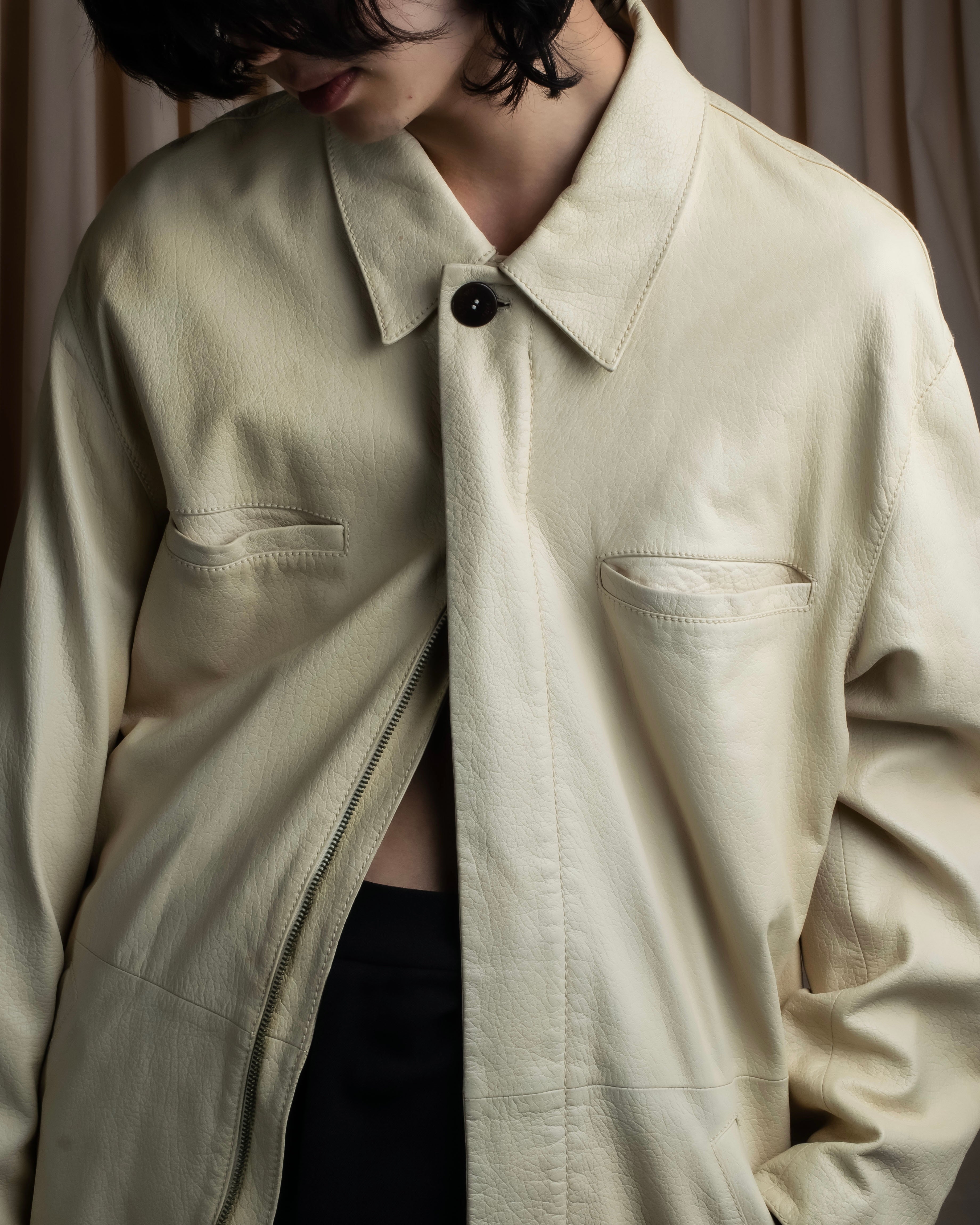 "LOEWE" 100% real leather off white color double zipper mid length coat